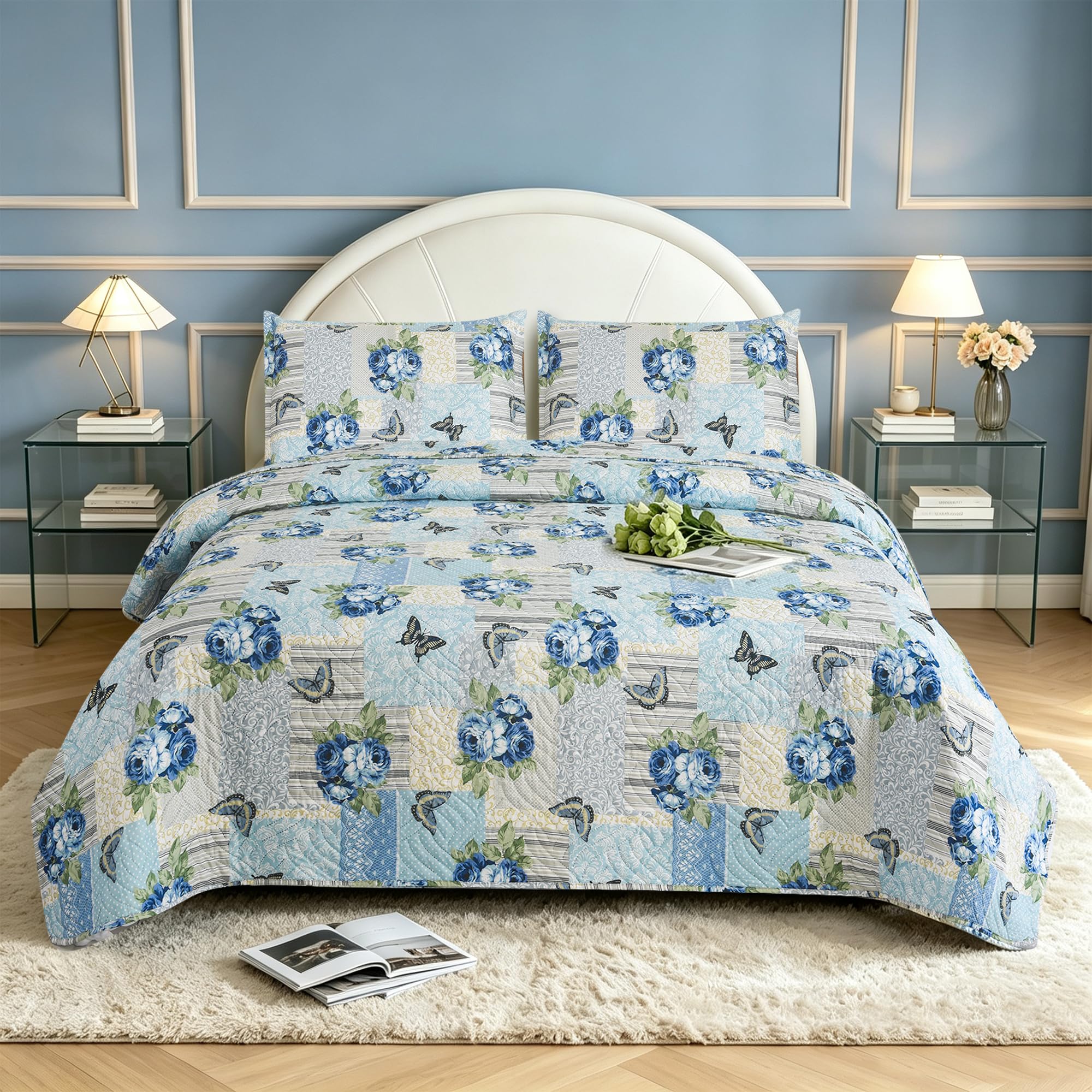 BOSKI LONDON 3 Piece Quilted Patchwork Bedspread with 2 Shams | Reversible Floral King Size & Double | Lightweight Microfiber Quilt | 220x240cm — image 1