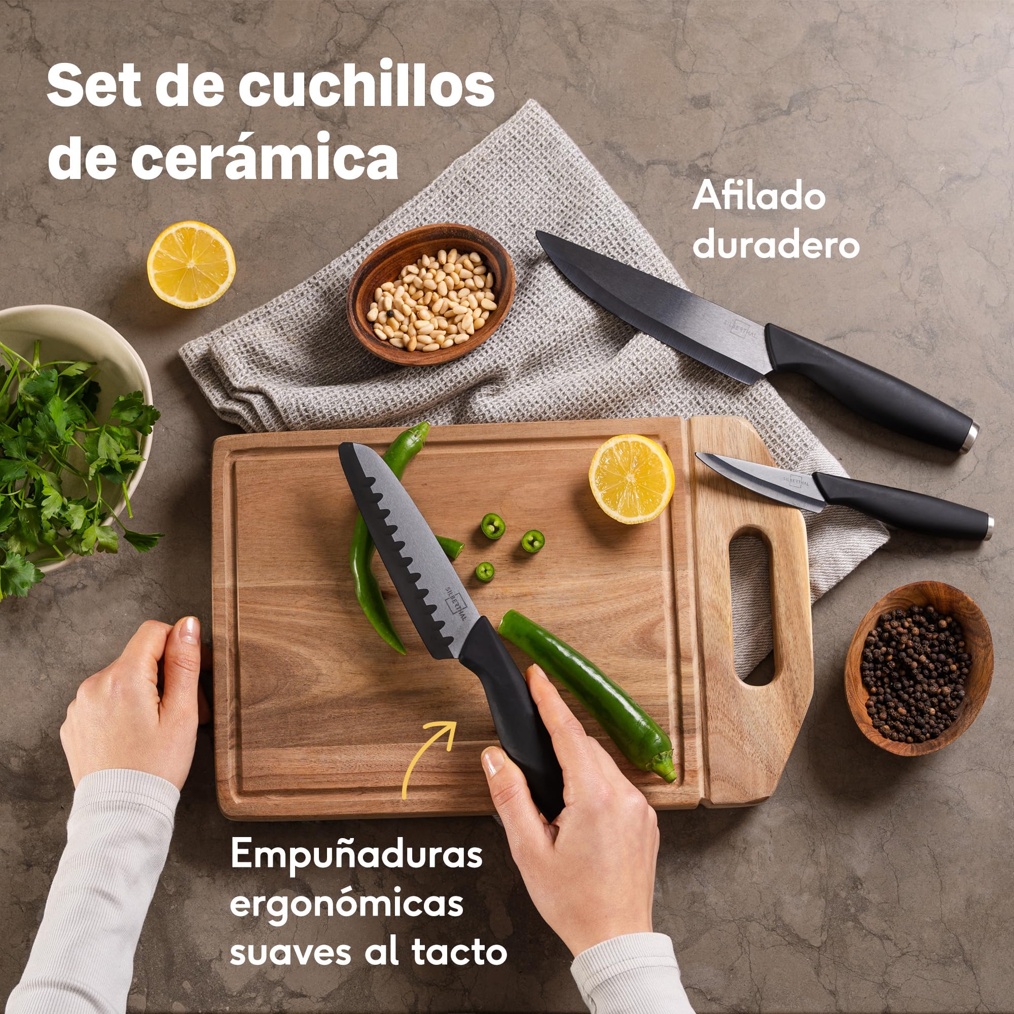 SILBERTHAL Set cuchillos cocina cerámica - Con funda protectora - Set 3 cuchillos ceramicos cocina