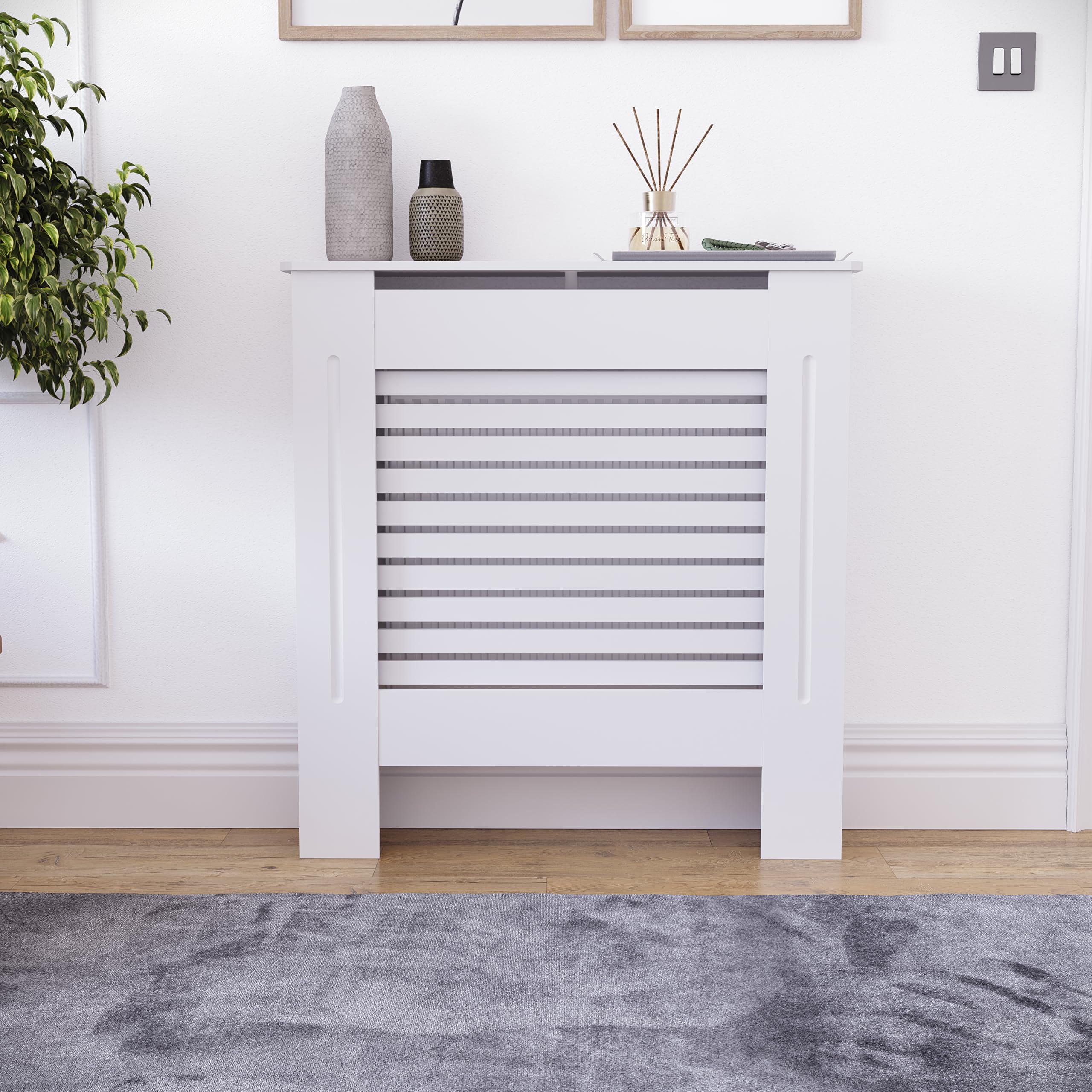Vida Designs Milton Cubierta de radiador Blanco - Pequeño - Lamas horizontales Modernas para Mejor circulación del Calor - H82xW78xD19cm - MDF Pintado para salón y Pasillo