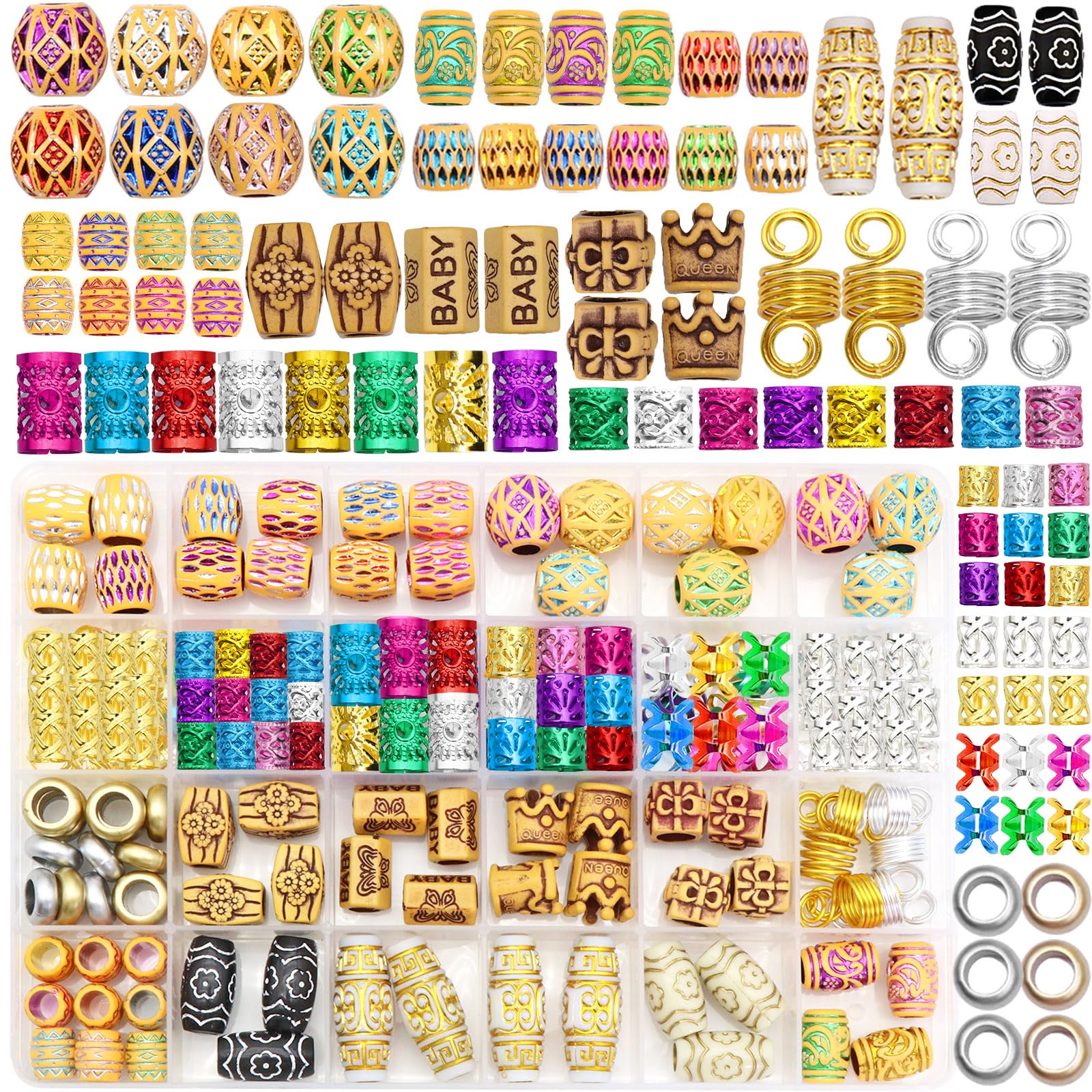 Bijoux de cheveux pour tresses : lot de 146 perles et bagues en bois et métal