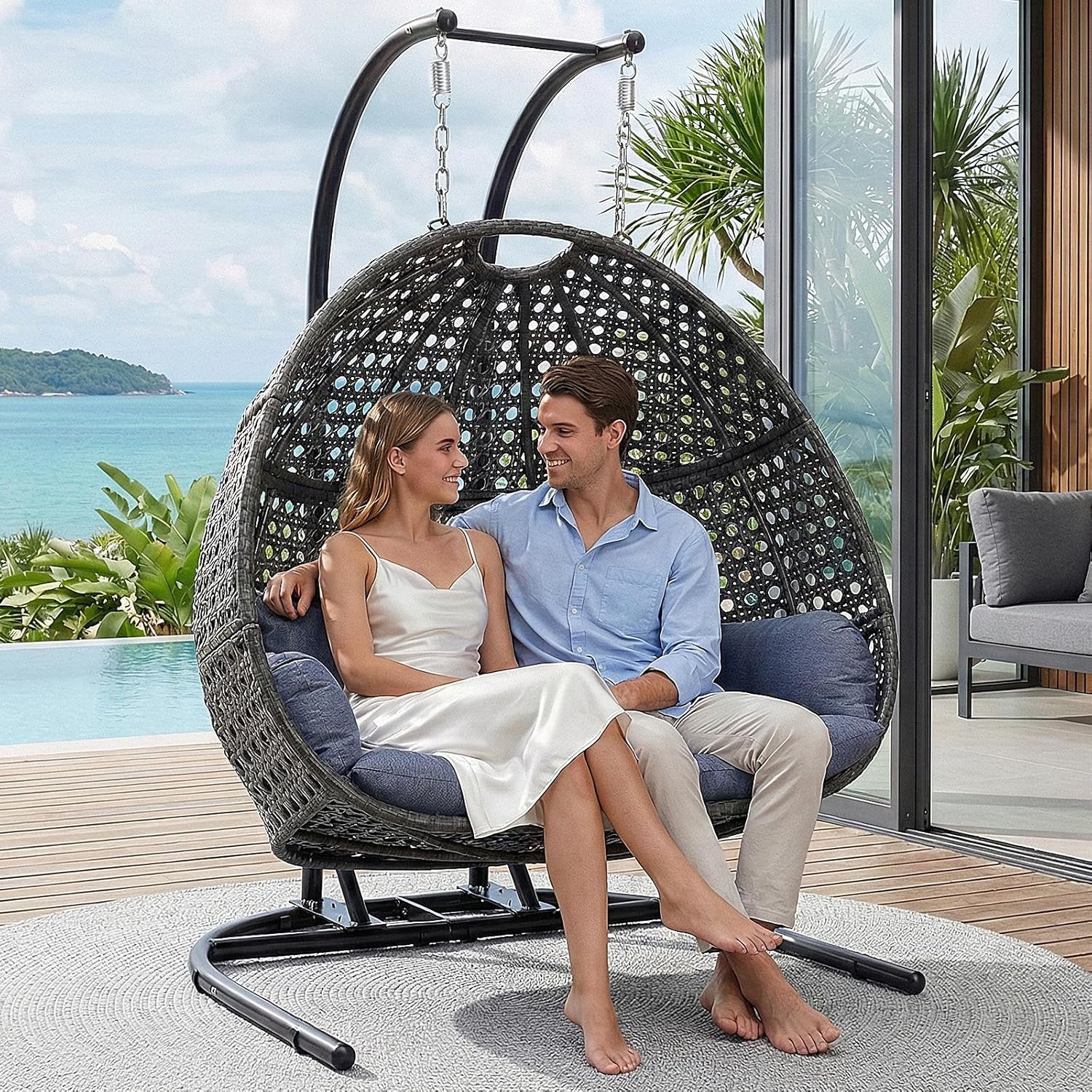 2 Person Egg Chair with Stand, Oversized Wicker Hanging Loveseat, Heavy-Duty Steel Frame, Extra-Thick Cushion, Rain Cover Included, All-Weather Indoor Outdoor Patio Swing Chair, Dark Grey