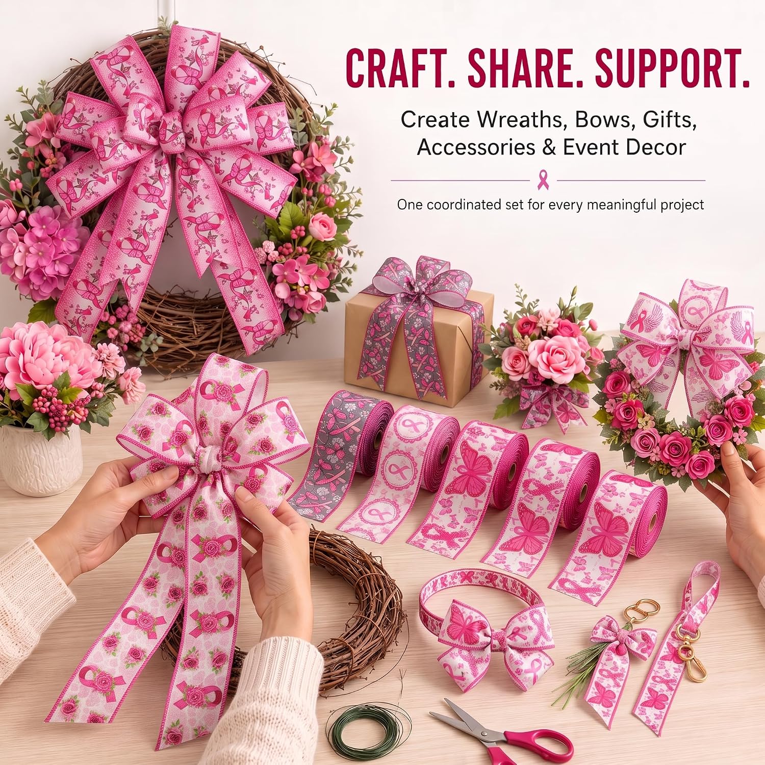 6 Rolls Breast Cancer Awareness Ribbons, 24 Yards 2.5 in Pink Bow Wired Edge Ribbons for Gift Wrapping Breast Cancer Awareness Party Decoration DIY Crafts