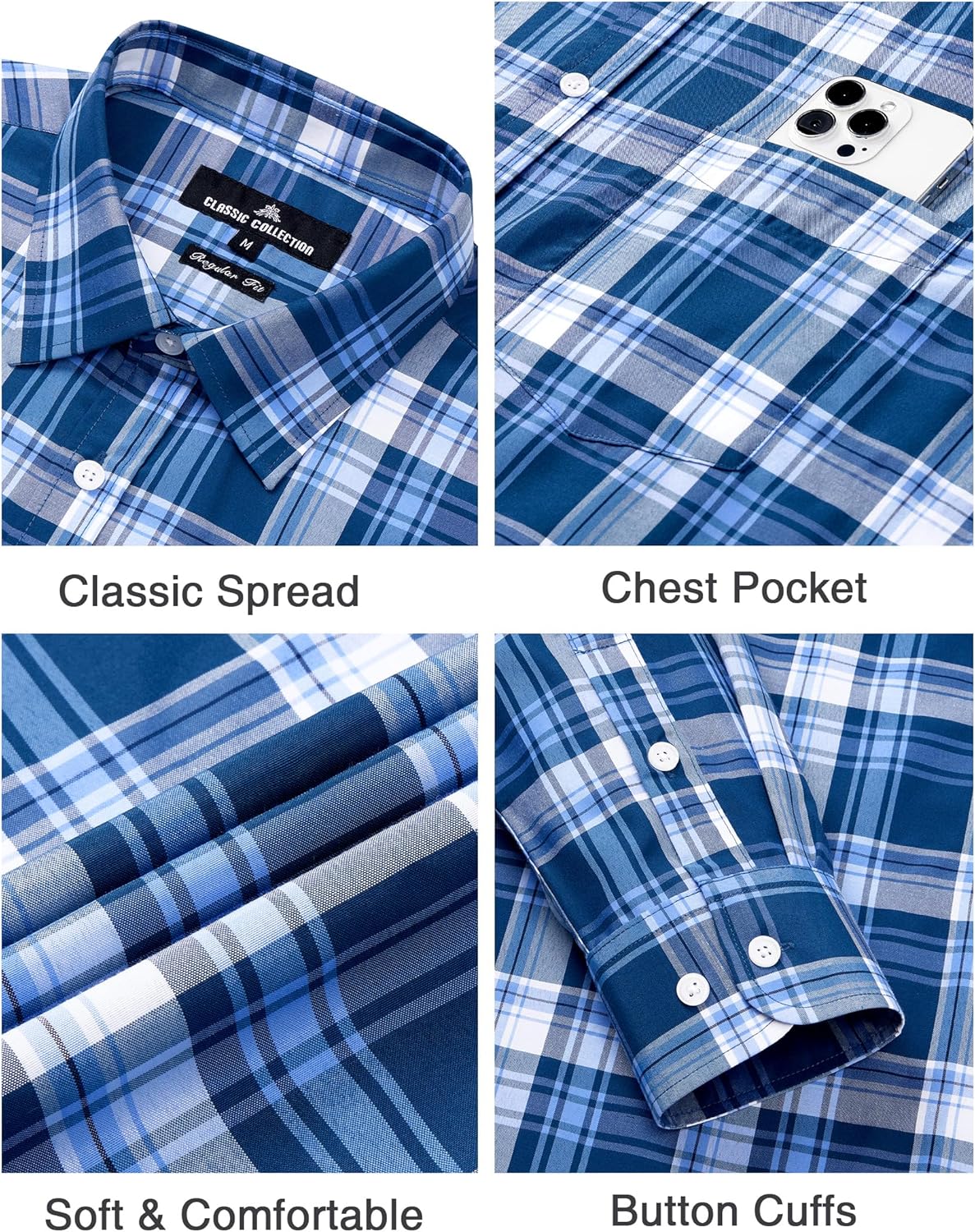 J.VER Long Sleeve Shirts for Men Cotton Plaid Button Down Shirt Business Casual Work Top with Pocket - Image 6