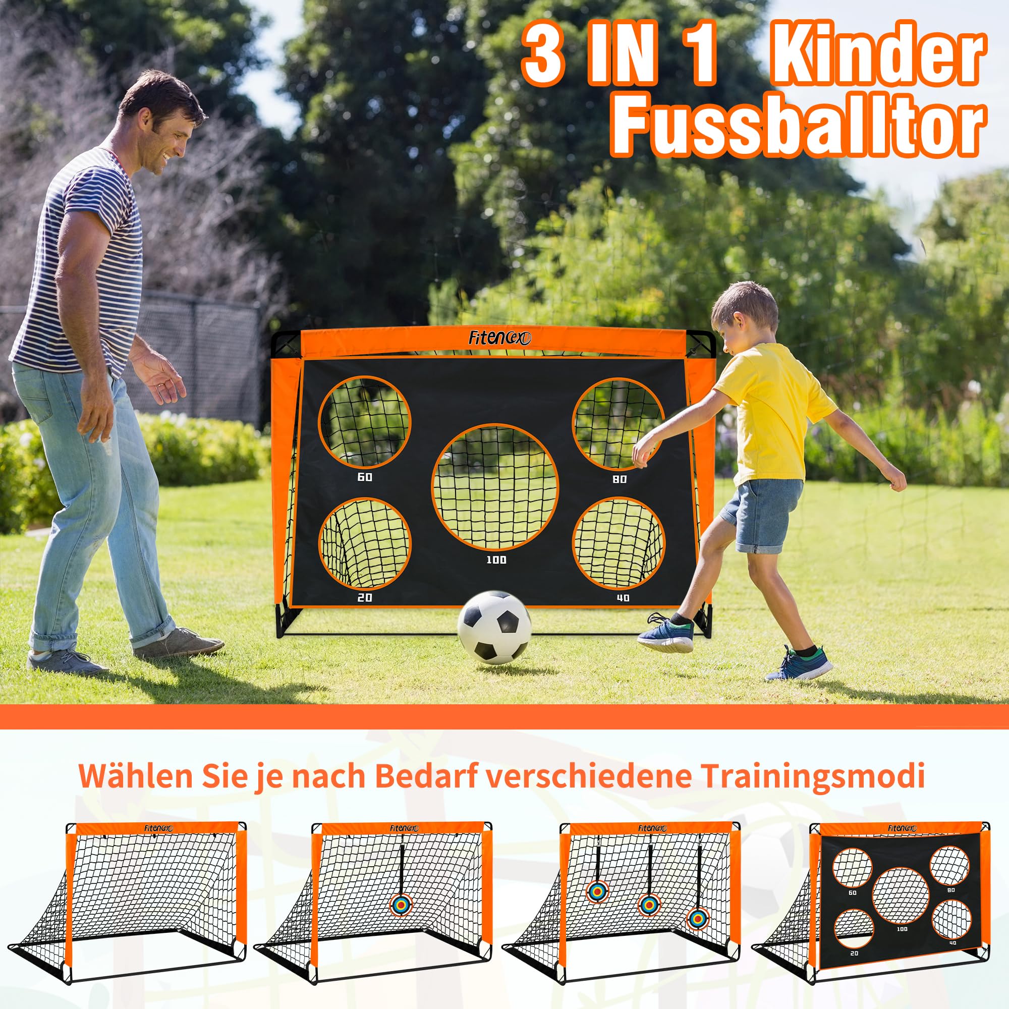 Juego de portería de fútbol infantil con 5 agujeros de tiro y 3 dianas – Portería de fútbol plegable de 120 x 90 cm + 6 obstáculos de entrenamiento para jardín/exterior, incluye bolsa de