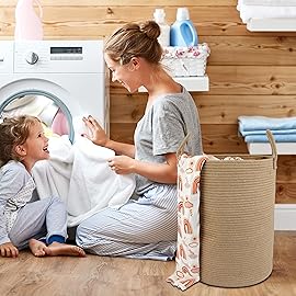 XUANGUO Cotton Rope Laundry Basket Hamper for Clothes Woven Storage Basket for Living Room Bedroom Boho Tall Rope Baskets for Blanket Toys Pillow Towels Baby Nursery Hamper Bin Large jute