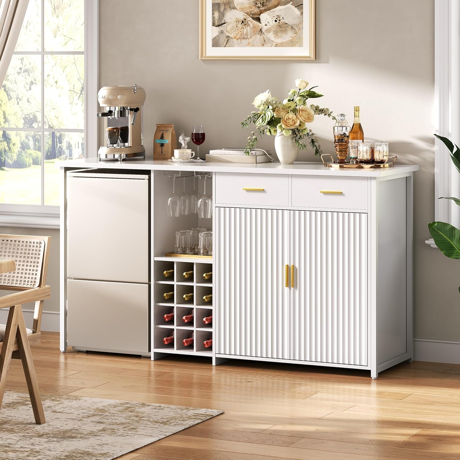 Mini Fridge Cabinet with Storage,69.01" Coffee Bar Cabinet with Fridge Space,Wine Fridge Cabinet with Outlet,Wine Rack & Drawers,Multi-Functional Bar,Fridge Stand with Storage,White KH06MRW