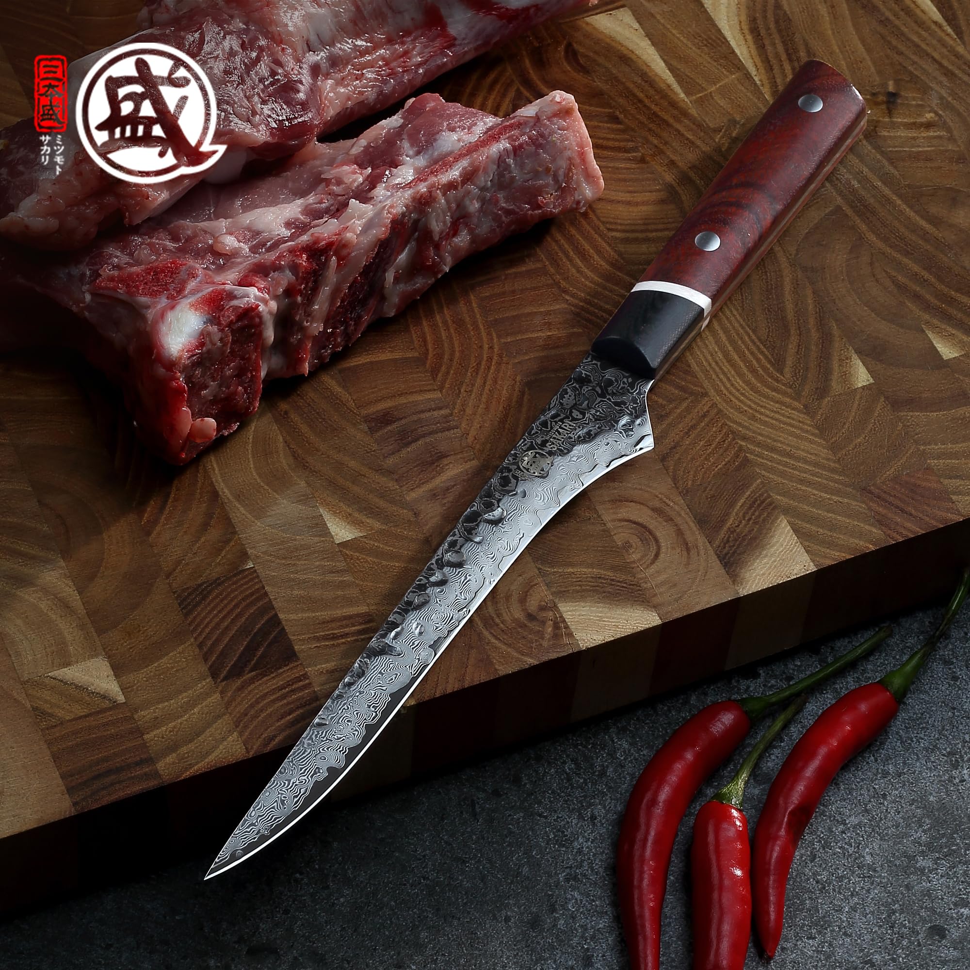 MITSUMOTO SAKARI Cuchillo Japonés para Deshuesar, 14,6 cm Cuchillo Flexible | Cuchillos Cocina de Acero Damasco S440C en Polvo, para Deshuesar Aves, Mango Madera de Sangre y G10, Caja Regalo Sándalo