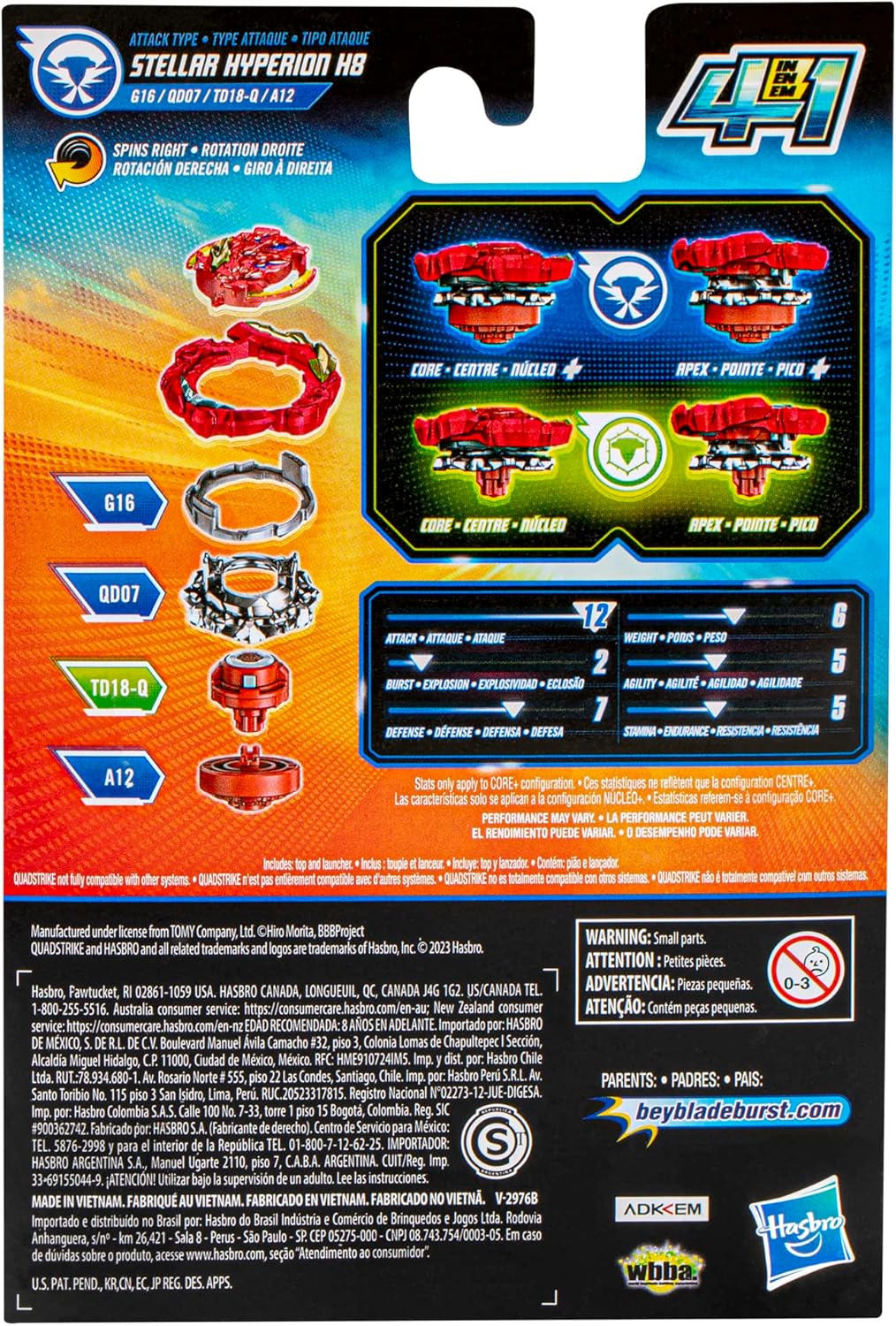Back of Beyblade Burst QuadStrike Stellar Hyperion H8 packaging showing assembly and configuration diagrams