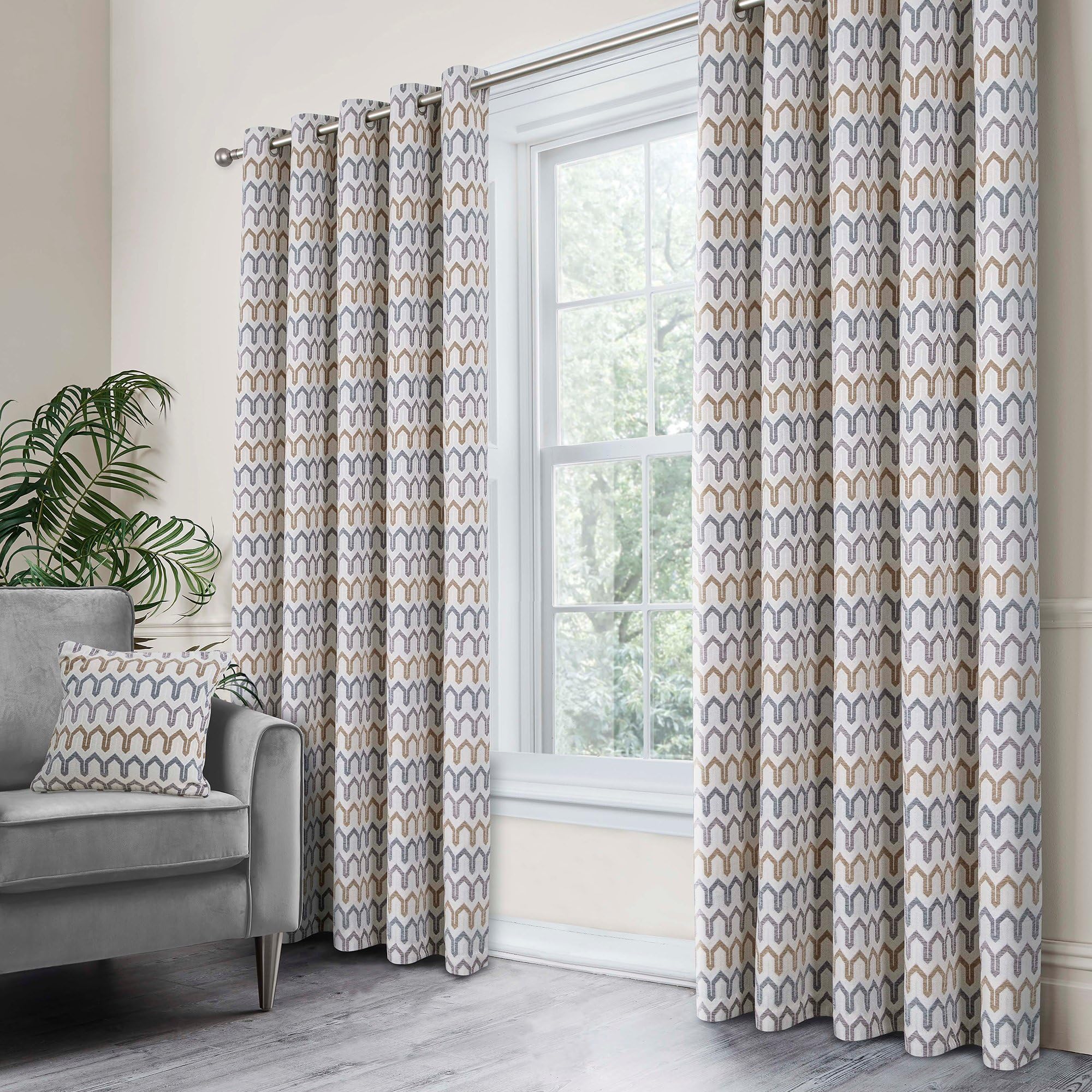 Curtina Grey - Woven Curtains W90 X L72 (229 X 183Cm) - Geometric Eyelet Curtains In /Natural Tones - Chenille Pattern Drapes For Living Room/Bedroom - Door Curtain - Arcadia Collection