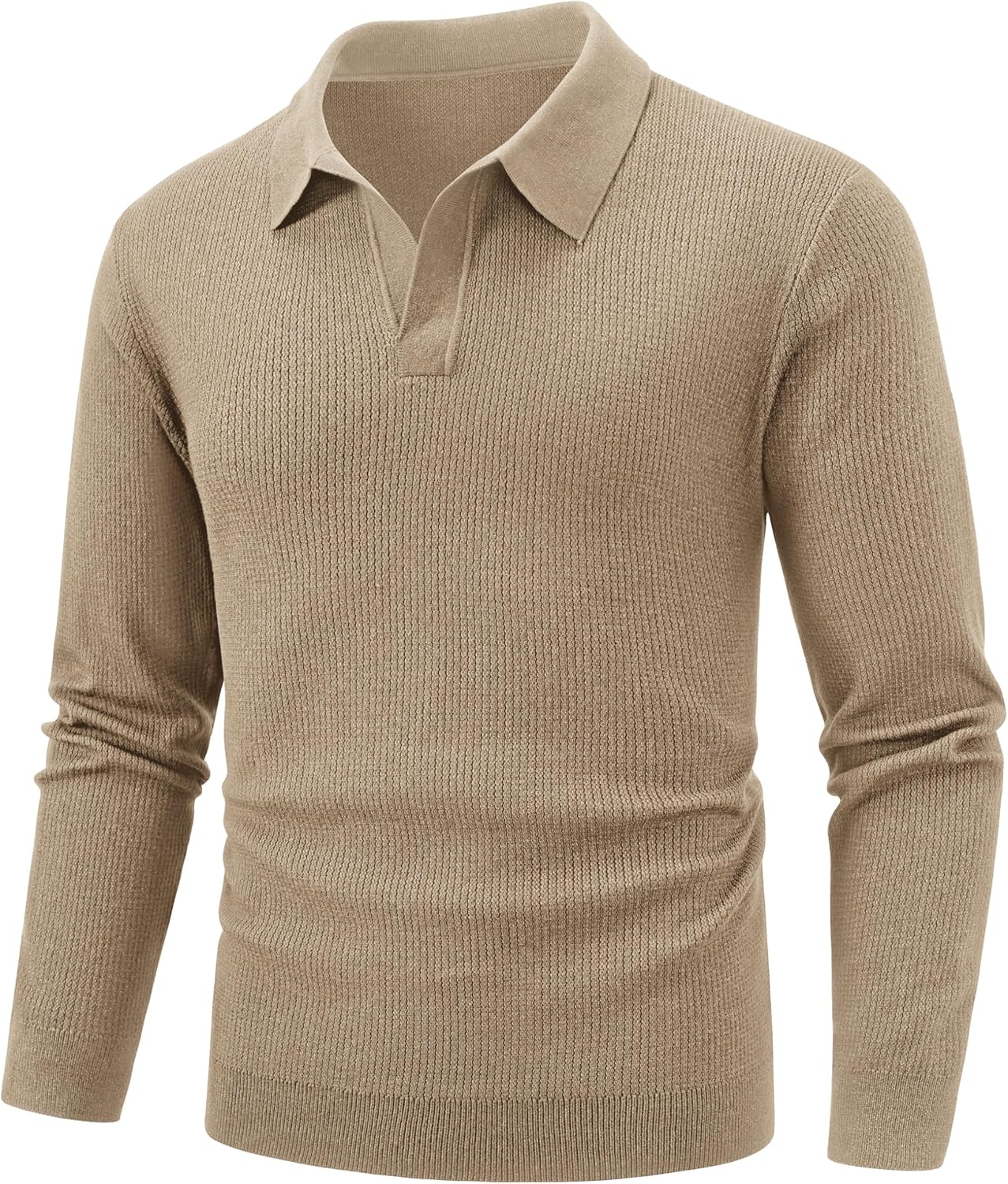 Cotrasen Mens Pullover Sweater Collared Long Sleeve Textured Casual Lightweight V Neck Ribbed Knit Polo Sweater - Image 3