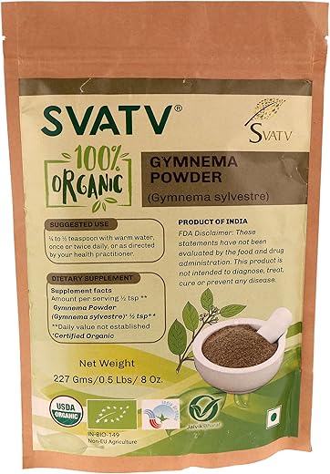 SVATV Gymnema Powder (Gymnema sylvestre) 1/2 LB, 08 oz, 227g USDA Certified Organic- Biodegradable Reselable Zip Lock Pouch