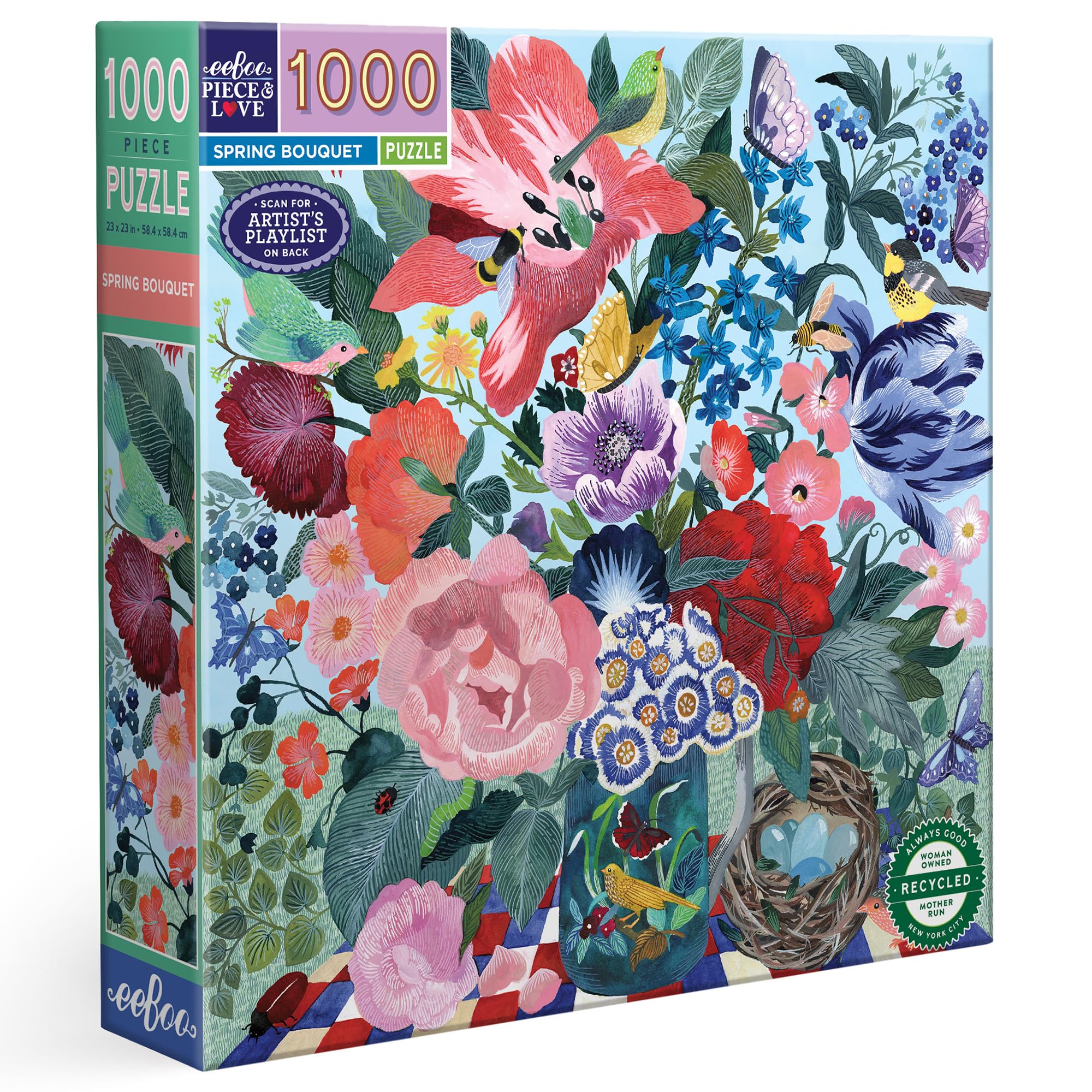 eeBoo 1000 Piece Puzzle - Spring Bouquet Jigsaw Puzzle for Adults, Square 23" x 23" Made with Recycled Board & Vegetable-Based Ink