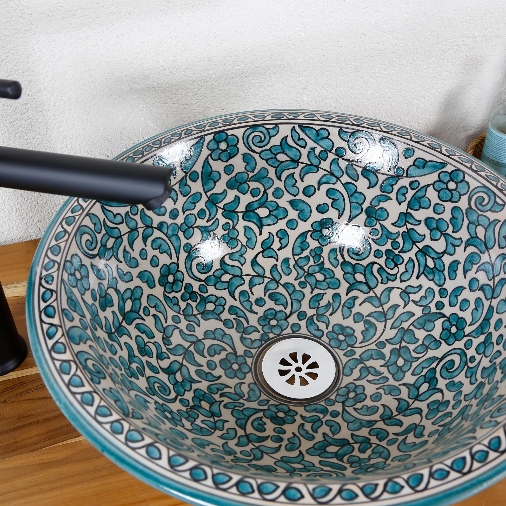 Lavabo de cerámica empotrable redondo sin agujero para grifo turquesa
