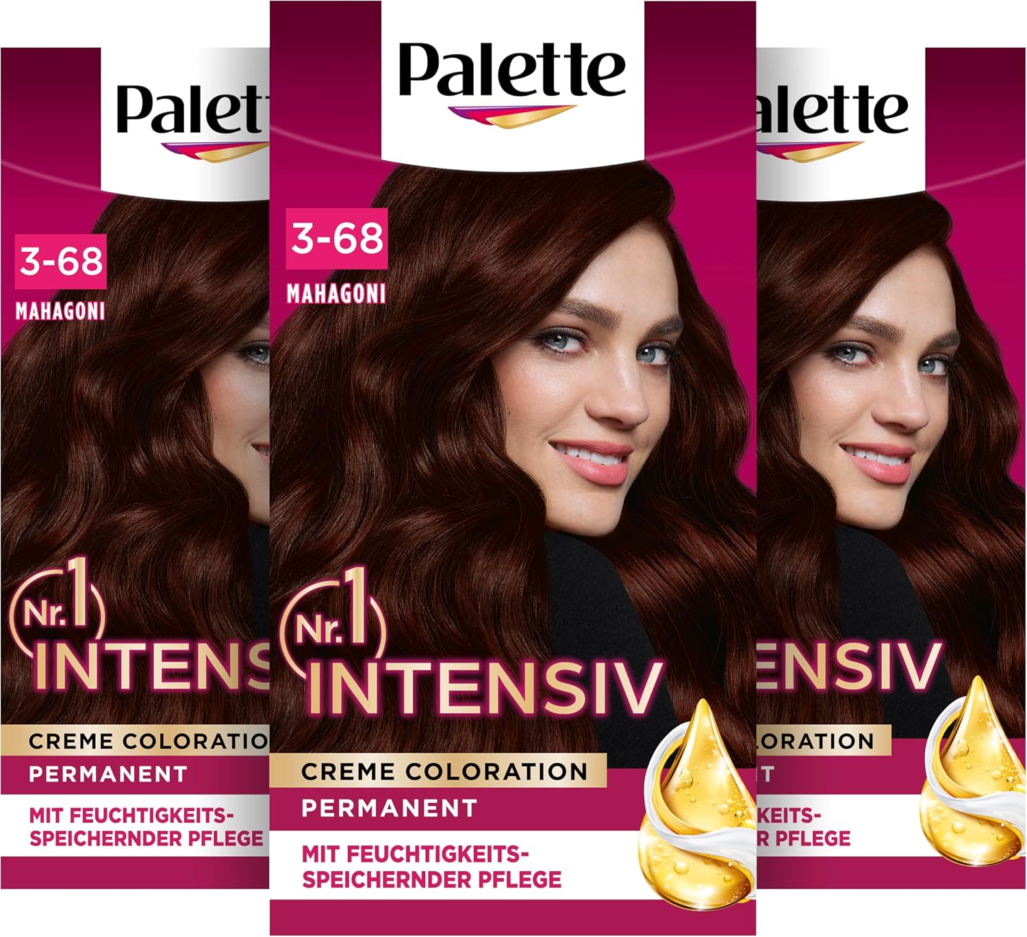 Palette Intensive Creme Colouration 3-68/878 Mahogany 3 x 115 ml Permanent Hair Colour for Bright Long-Lasting Colour Brilliance and 100% Grey Coverage
