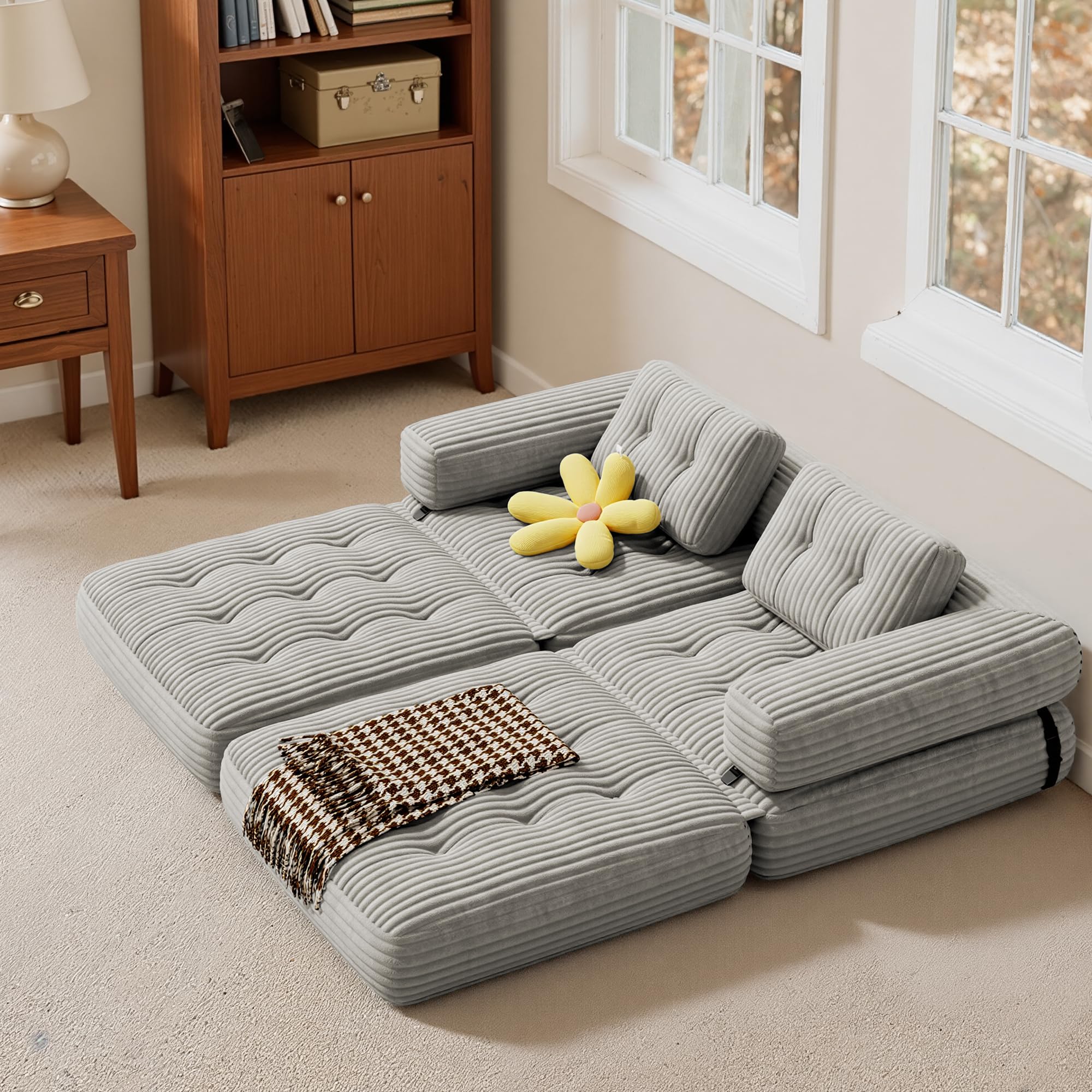 Xbro Divano Letto Pieghevole Singolo Compatto in Velluto a Coste con Poggiatesta a L, Poltrona Letto Salvaspazio per Soggiorno Ufficio Ospiti, 85x85-170x85 cm, Grigio Chiaro