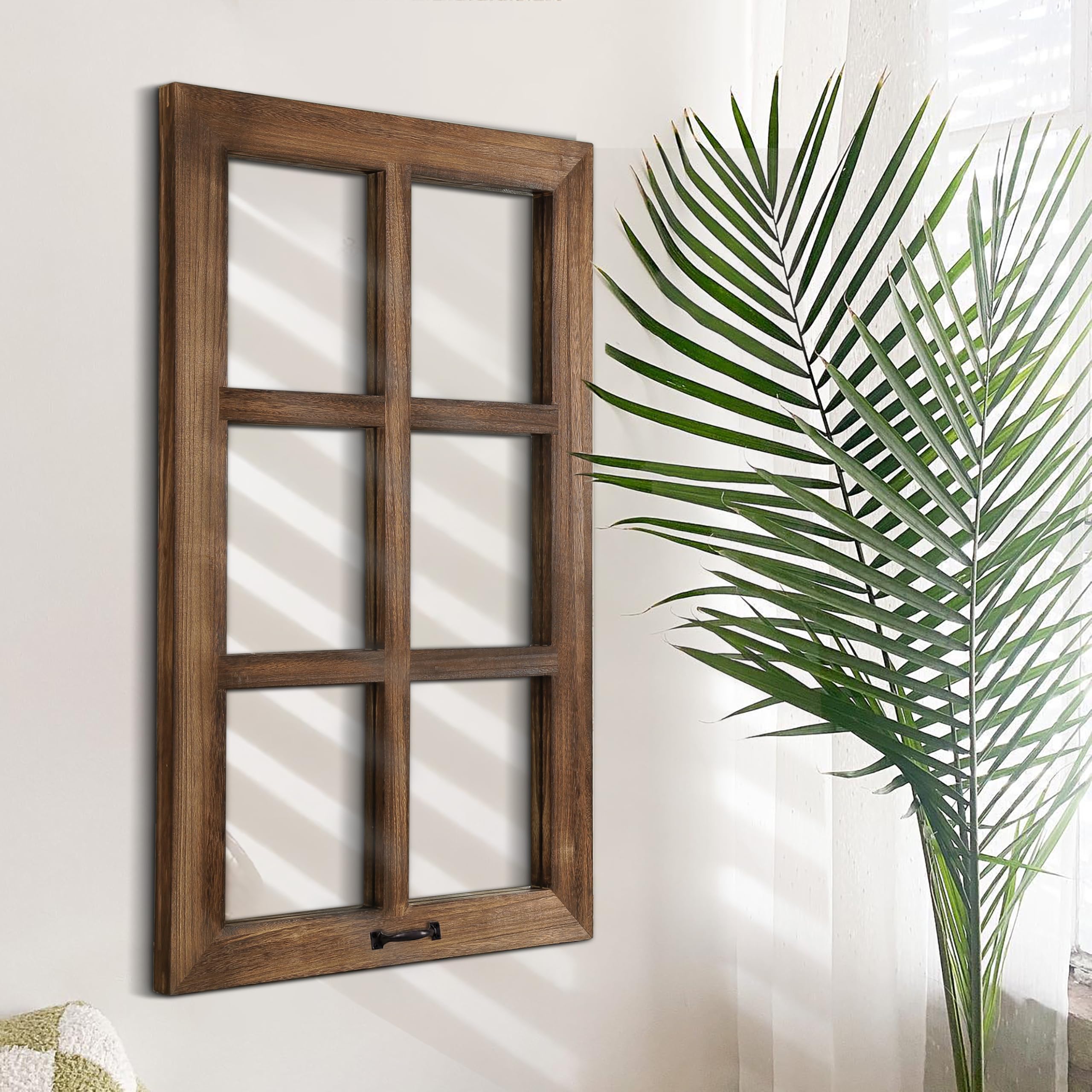LOSOUR 24x40in Wood Window Frame Wall Art, Vintage Rustic Wall Decor, Farmhouse Windowpane Decor, Decorative Wall Sculptures for Living Room, Bedroom, Entryway, Hallway(1, Brown-no glass, 40"L x 24"W)