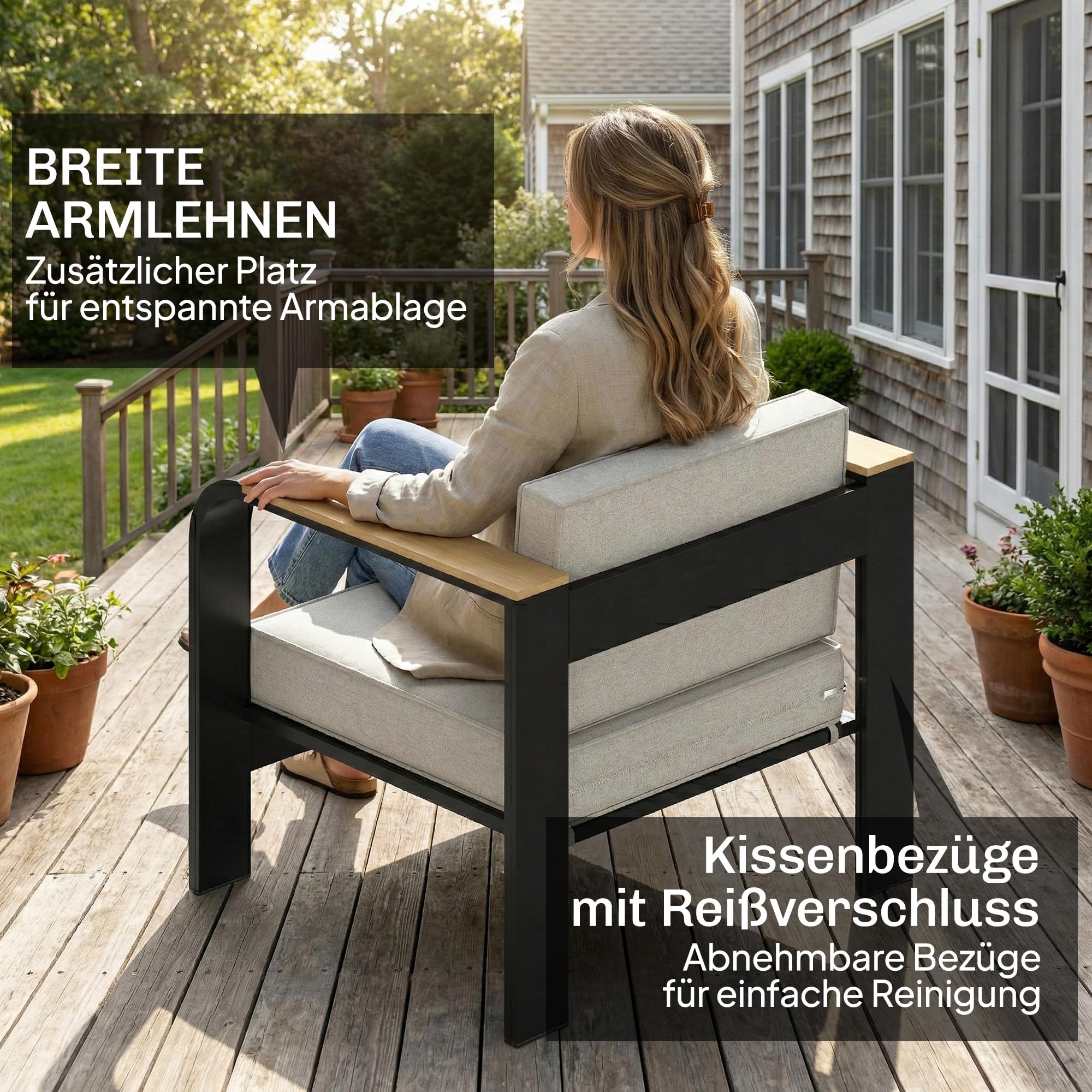 Outsunny Gartenmöbel Set Aluminium für 4 Personen Wasserabweisend Beige | Sitzgruppe, Extra Tiefe Gartenlounge Outdoor, 2er Sofa, 2 Sessel, Beistelltisch, Balkonmöbel, Terrassenmöbel