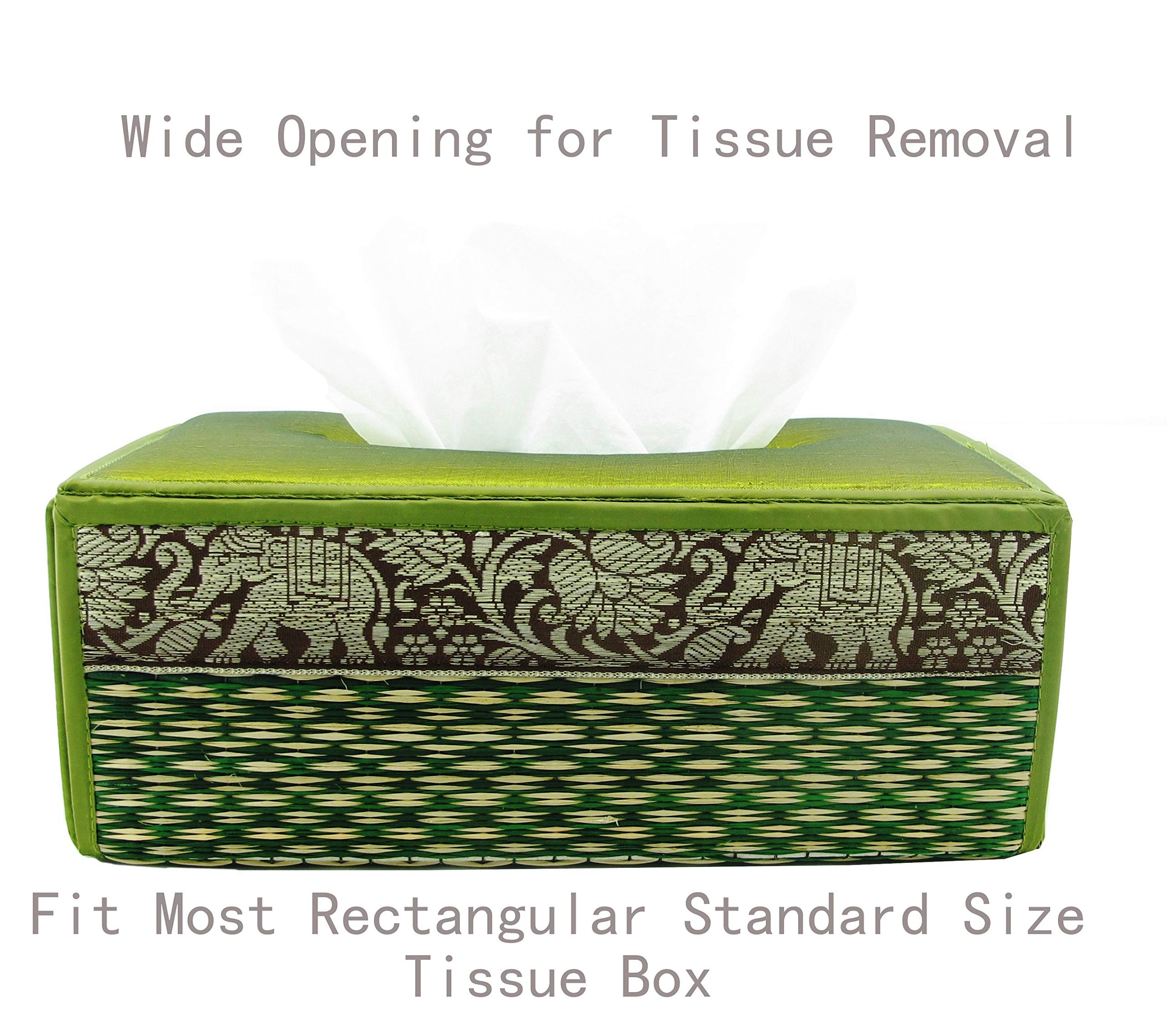 Straw Tissue Box Cover Eco-Friendly Natural Thai Elephant Flat Facial Tissue Holder Rectangular Case Dispenser (Green Tea)