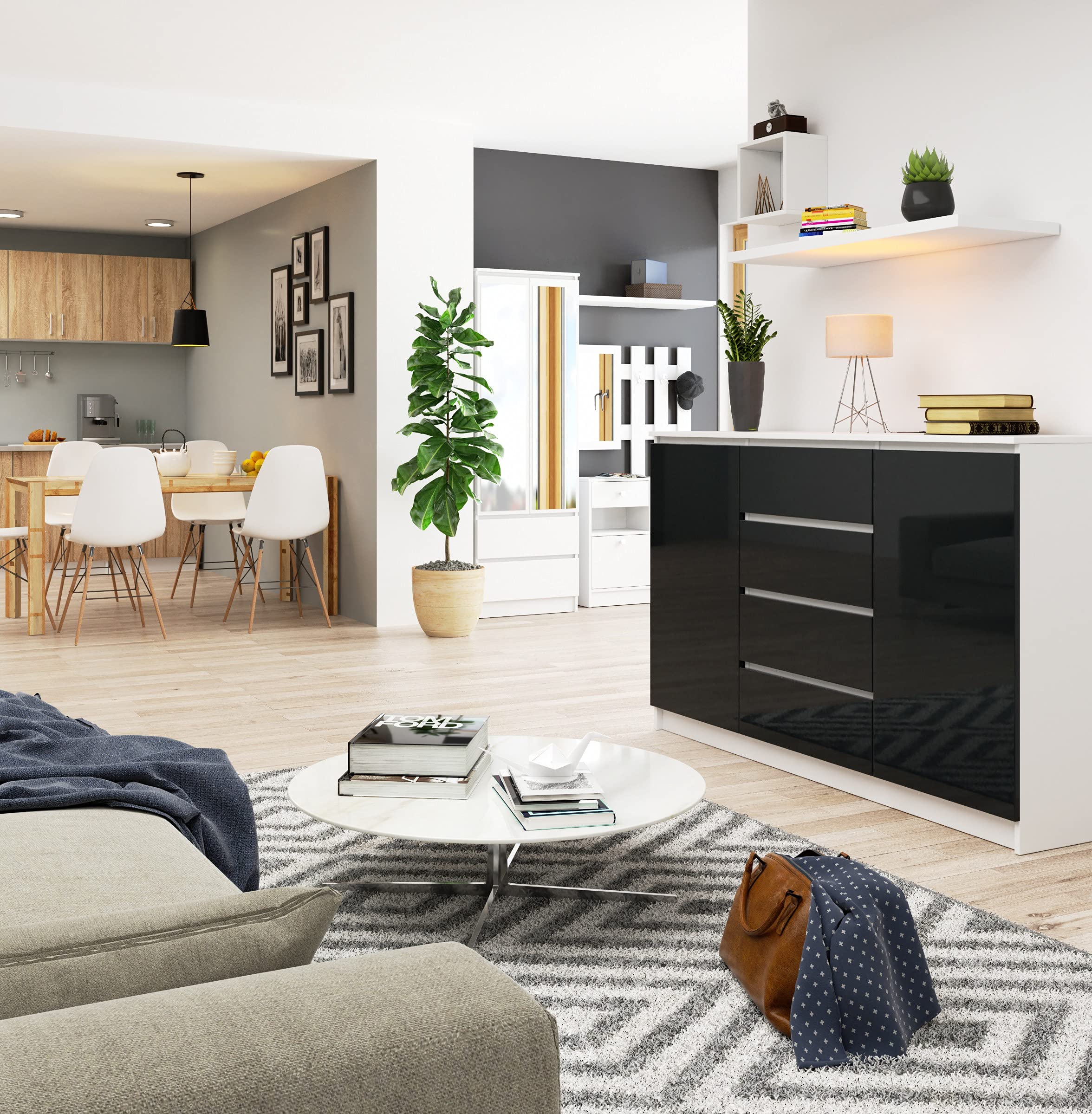 Cassettiera AKORD K 160 Cm - Moderna Con 4 Cassetti E 2 Ante, Bianco Per Camera O Soggiorno - Foto 5