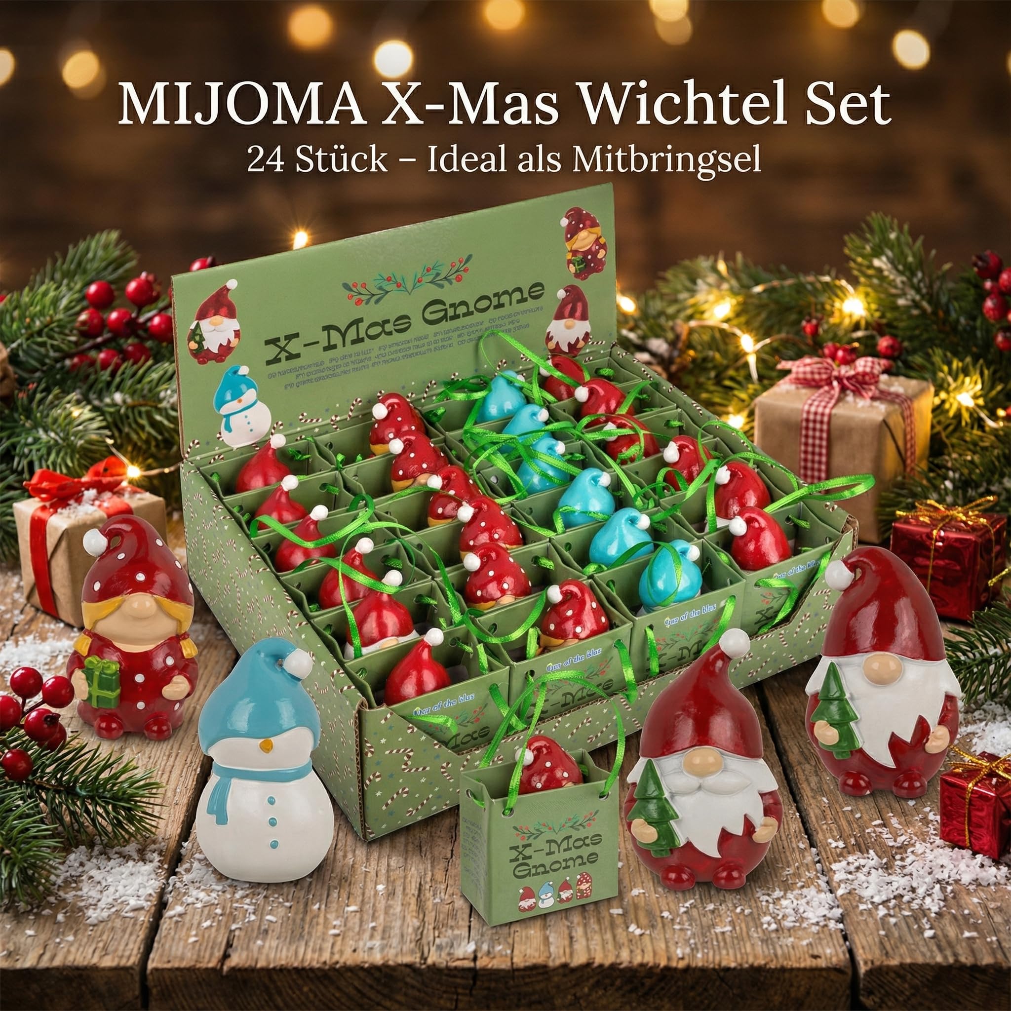 MIJOMA X-Mas zestaw 24 sztuk – dekoracja bożonarodzeniowa figurki z żywicy poliestrowej na wystawie – 4 rodzaje – 6 cm wysokości – pakowane pojedynczo – idealne jako upominek na adwent Mikołajki