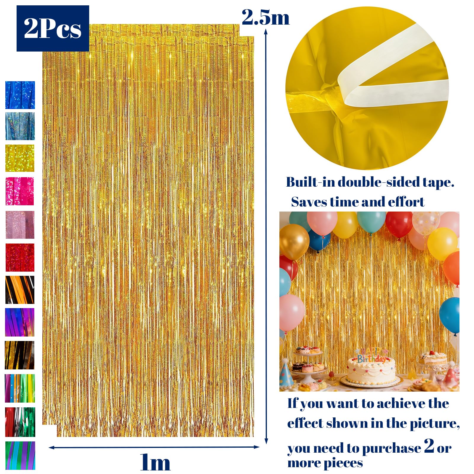 Lot de 2 Rideaux Lametta Or Holographique, 1 x 2,5 m Rideau Métallique à Franges, Rideau Brillant Décoration Fête, Fond Photo Anniversaire Mariage Noël Nouvel an Party