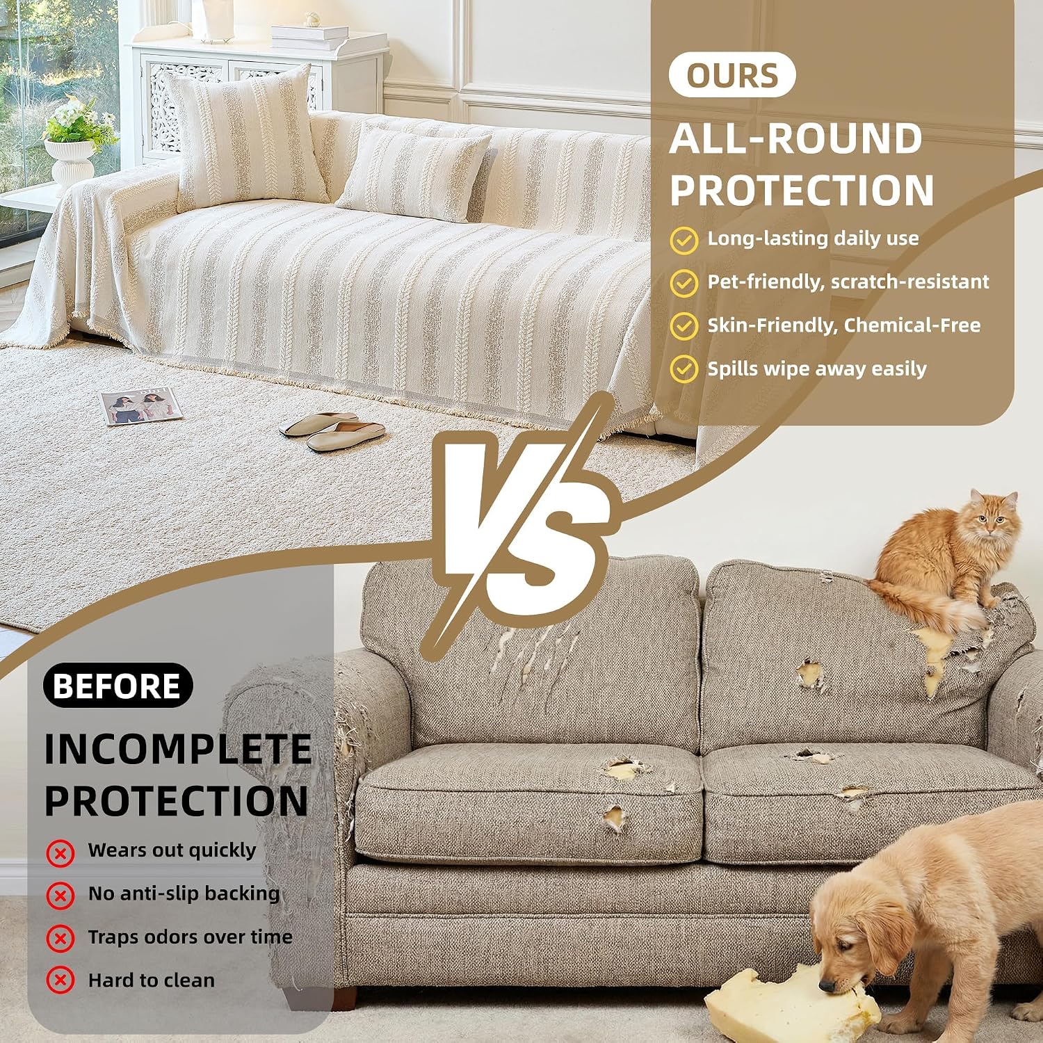 Couch Cover for Dogs Washable Sofa Cover, Sectional Couch Covers, Sofa Covers for 2 Cushion Couch, Non Slip Stripe Sofa Slipcovers Furniture Protector (Beige, 91 * 150)