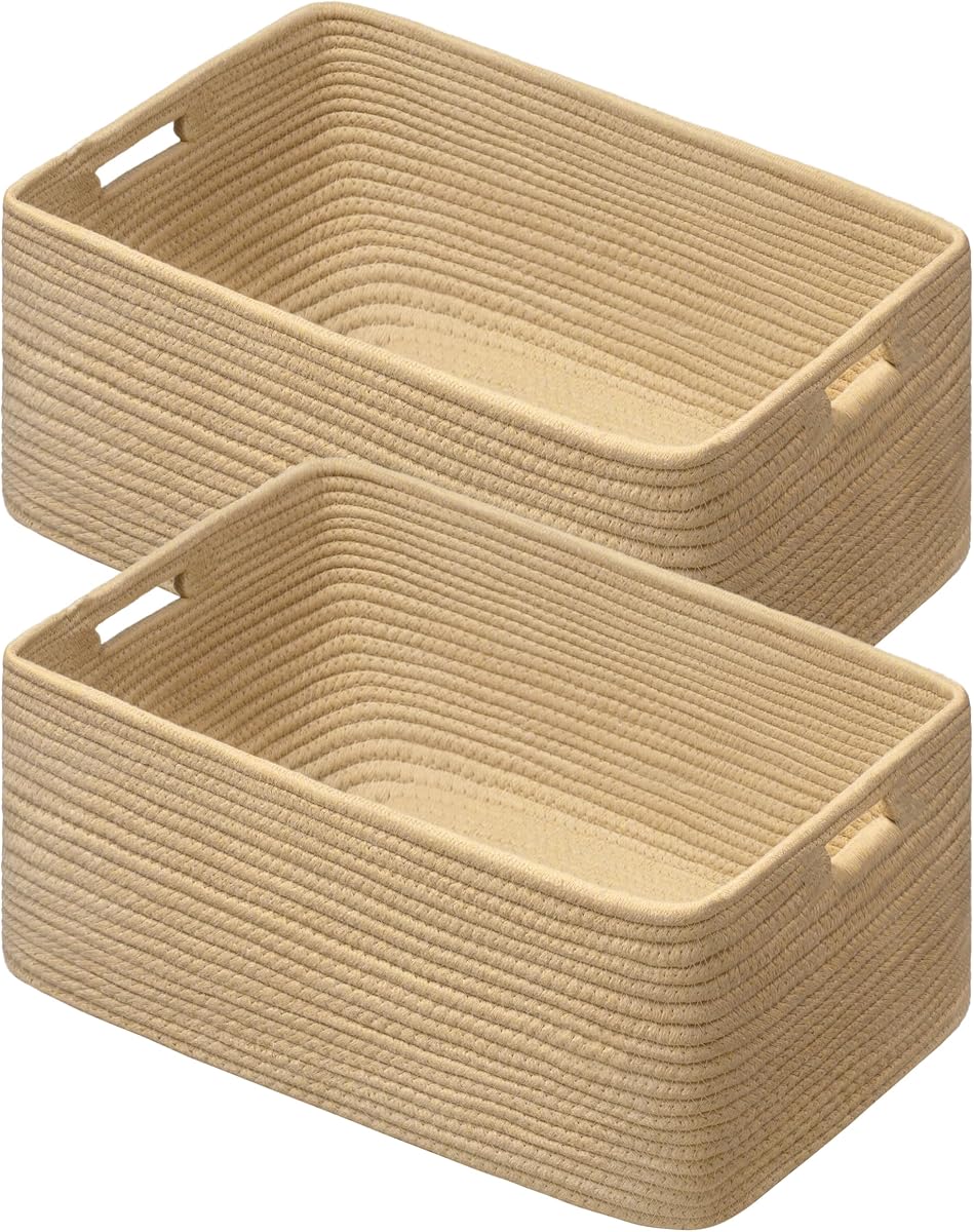 Paquete de 2 cestas de almacenamiento para organizar, cesta de almacenamiento tejida grande, marrón | 17"Lx13"Wx7.5"H, Cesta de cuerda de algodón, Almacenamiento de juguetes, Estante de cubo, Organizador de estante de armario, Almacenamiento de ropa, Decoración del hogar