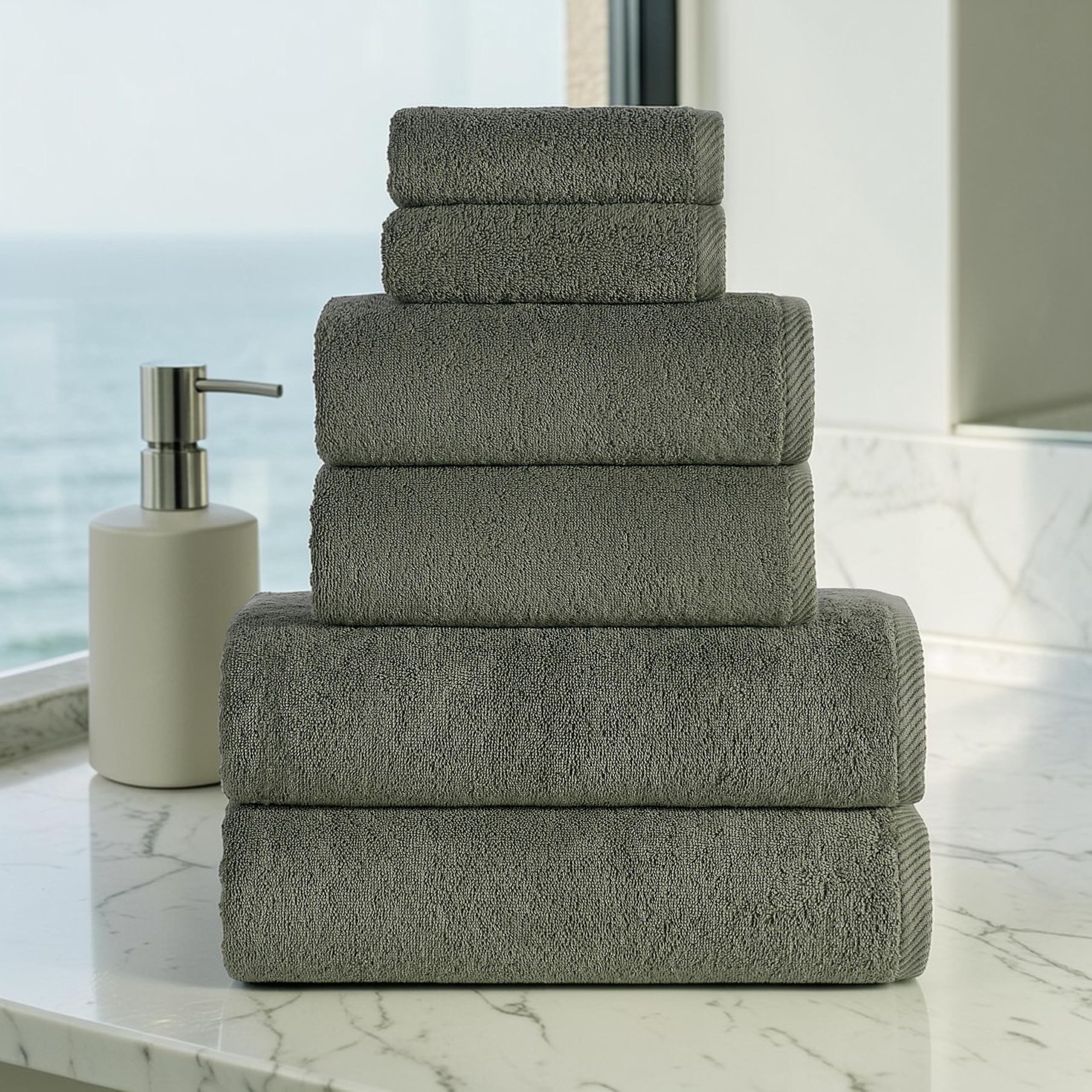 Roominess Handtuch Set 100% Baumwolle 6-teilig Salbeigrün (30x50, 50x100, 70x140) – Handtücher, Duschtücher & Gästehandtücher mit Aufhänger – saugfähig, Hotelqualität – Für Bad, Sauna, Hotel & Airbnb