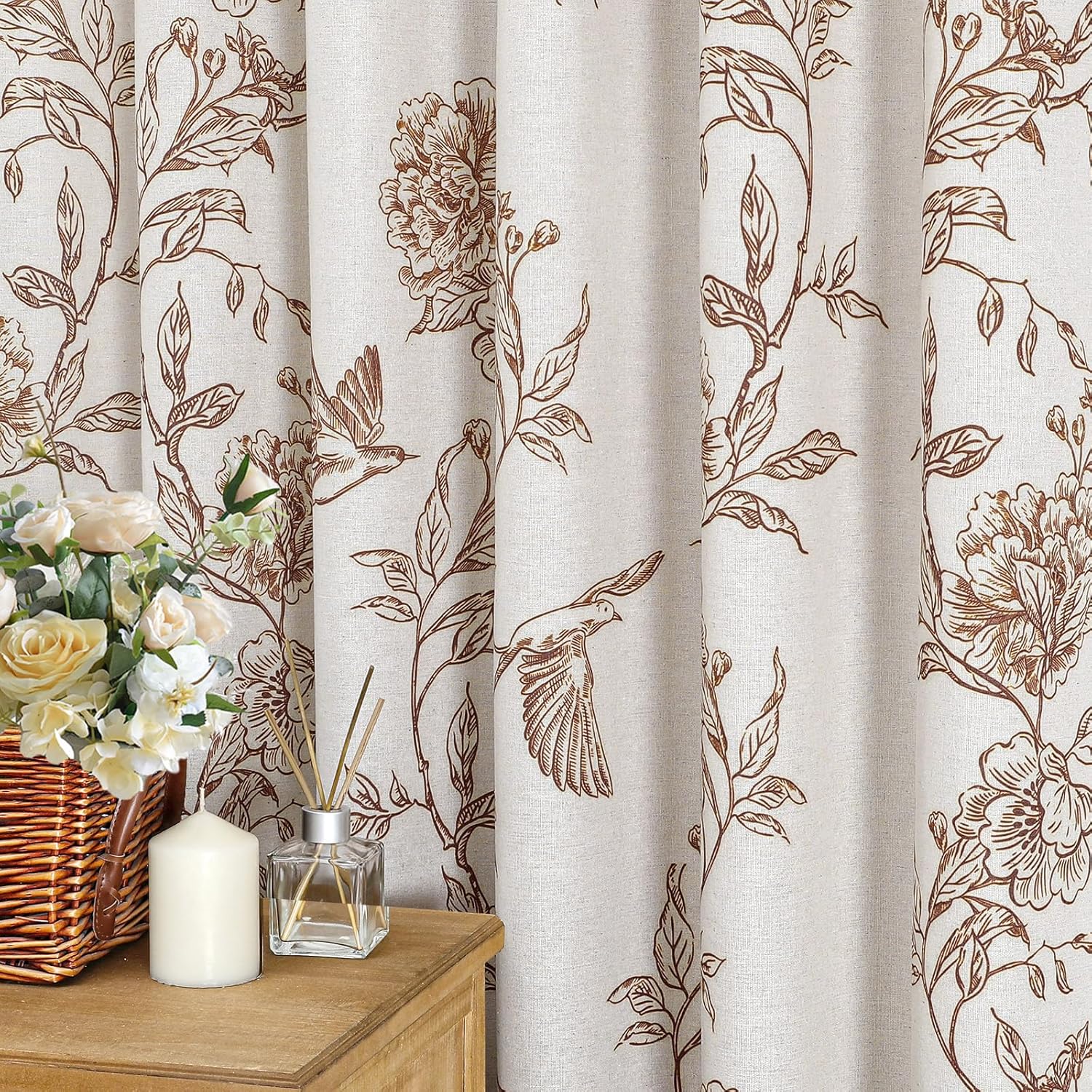 MitoVilla Brown Farmhouse Shower Curtain Set, Cotton Floral Hummingbird Cottagecore Spring Shower Curtains for Bathroom, Modern Country Bathroom Décor, 72" W x 72" L