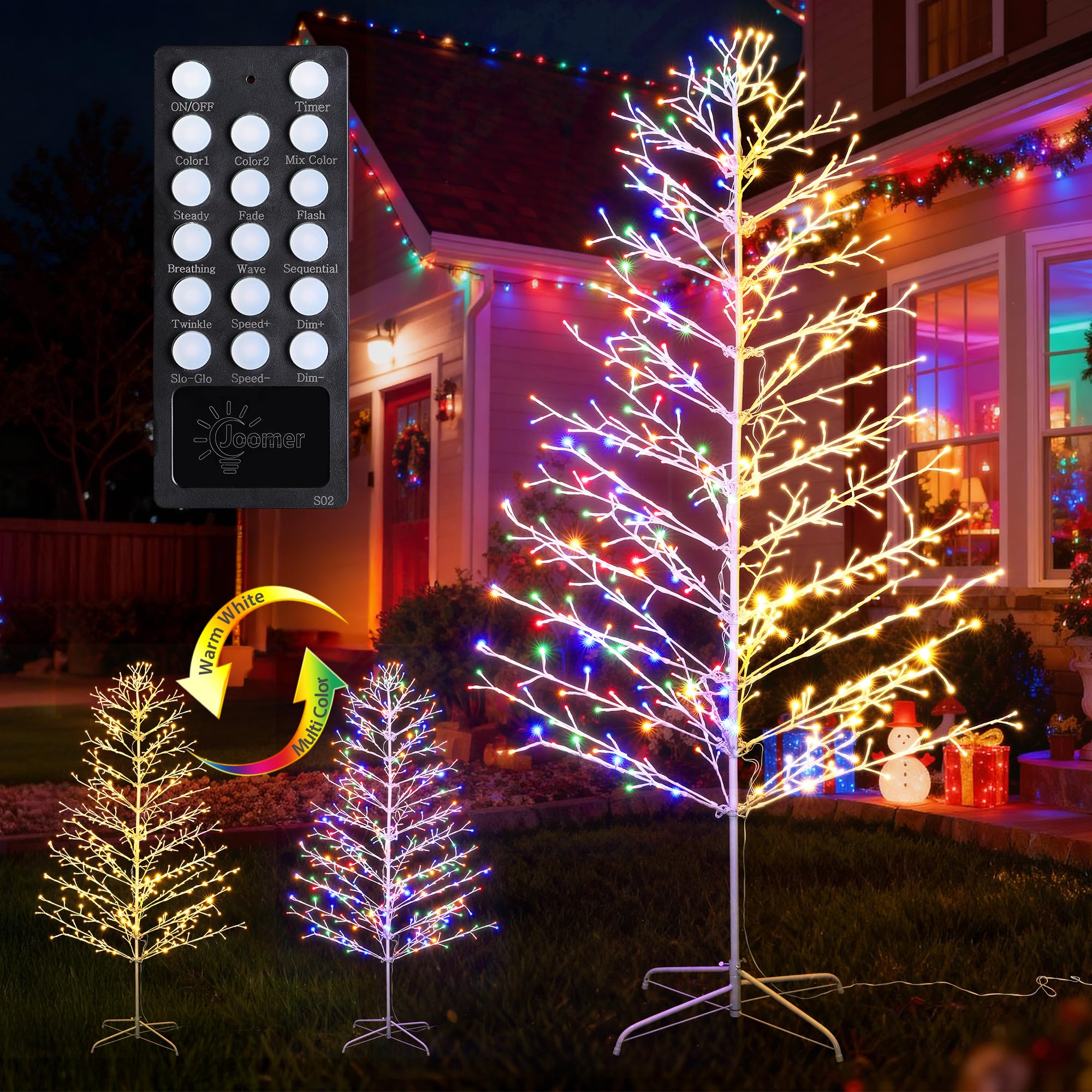 joomer christmas tree light outdoor,7.6ft 540 led color changing artificial collapsible birch tree lights with remote control timer for christmas decor (warm white to multicolor)