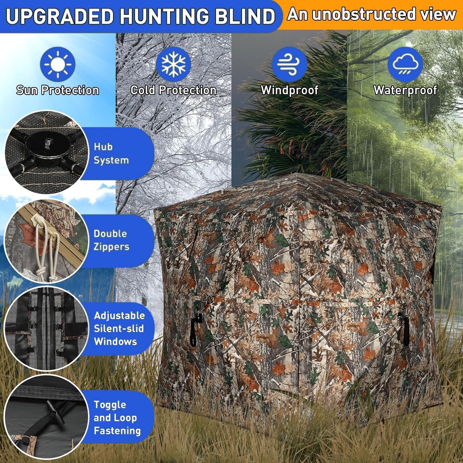 Hunting Blind 360 Degree See Through Ground Blind with Carrying Bag, 2-3 Person Pop Up Camouflage Tent, Portable Concealed Shelter Resilient Hunting Tent