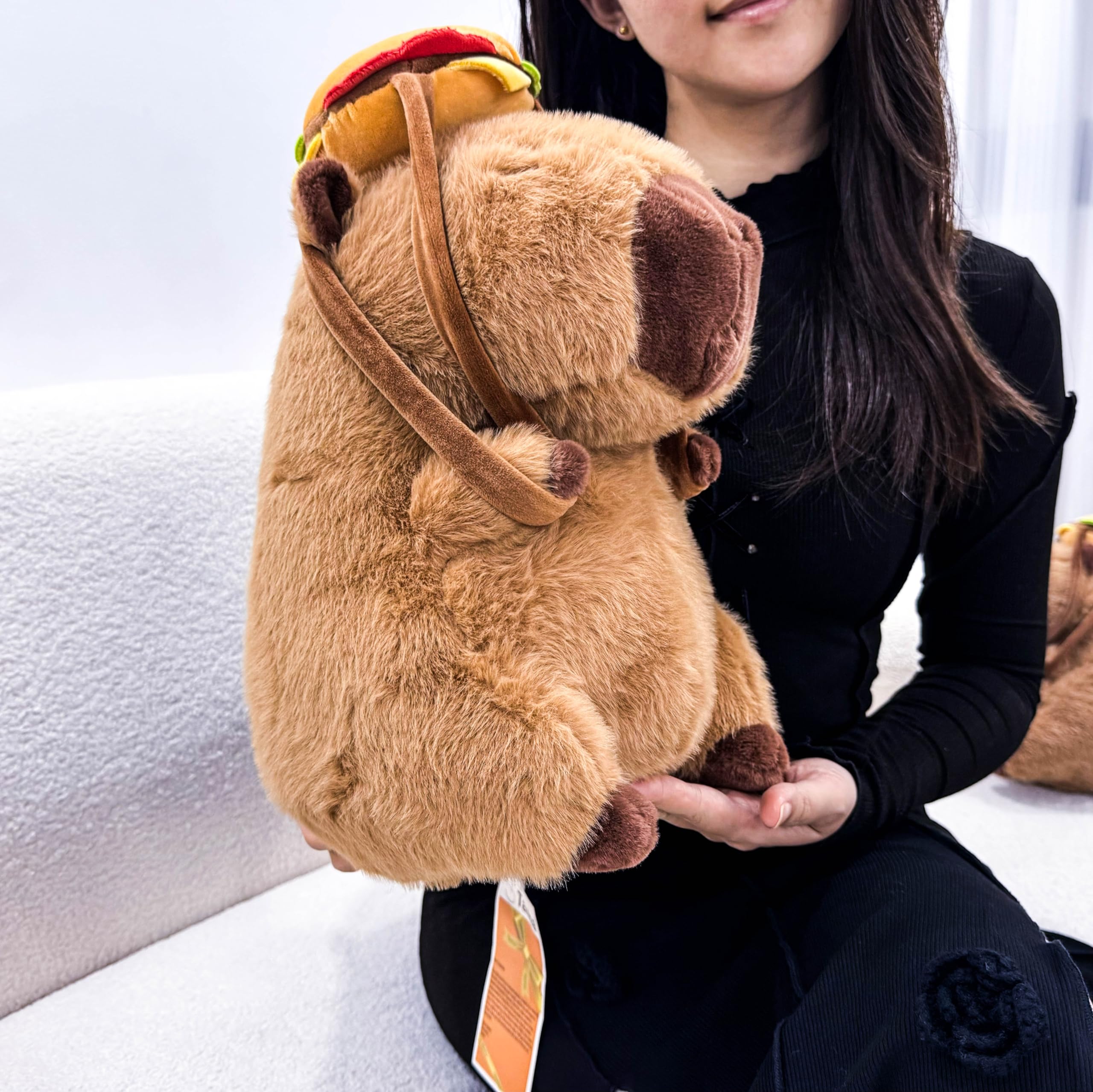 Tanha Capybara Plush Toy, Soft Cute Capybara Stuffed Animal - 33cm / 13inch with Hamburger Backpack, Brown - Burger, 33 cm - Image 2