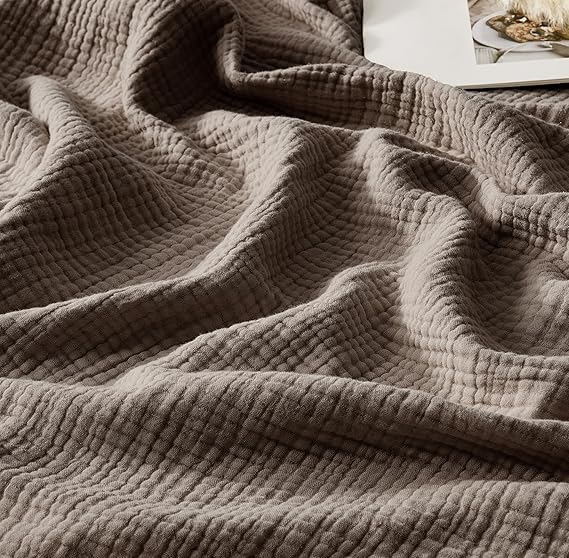 WDCOZY Muslin Throw Blanket 100% Cotton Blankets 4-Layer Breathable Lightweight Soft for Couch Boho Farmhouse Linen Tassels Ruffle Gauze Blankets 50x60 Inches Brown Mocha Chocolate Coffee Taupe