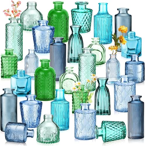 Yaomiao 30 Pcs Glass Bud Vases Centerpieces, Blue Green Series | Vintage Embossed Textured Glass, Mini Colored Flower Vase for Wedding, Home Party Table Decor, Rustic Gifts