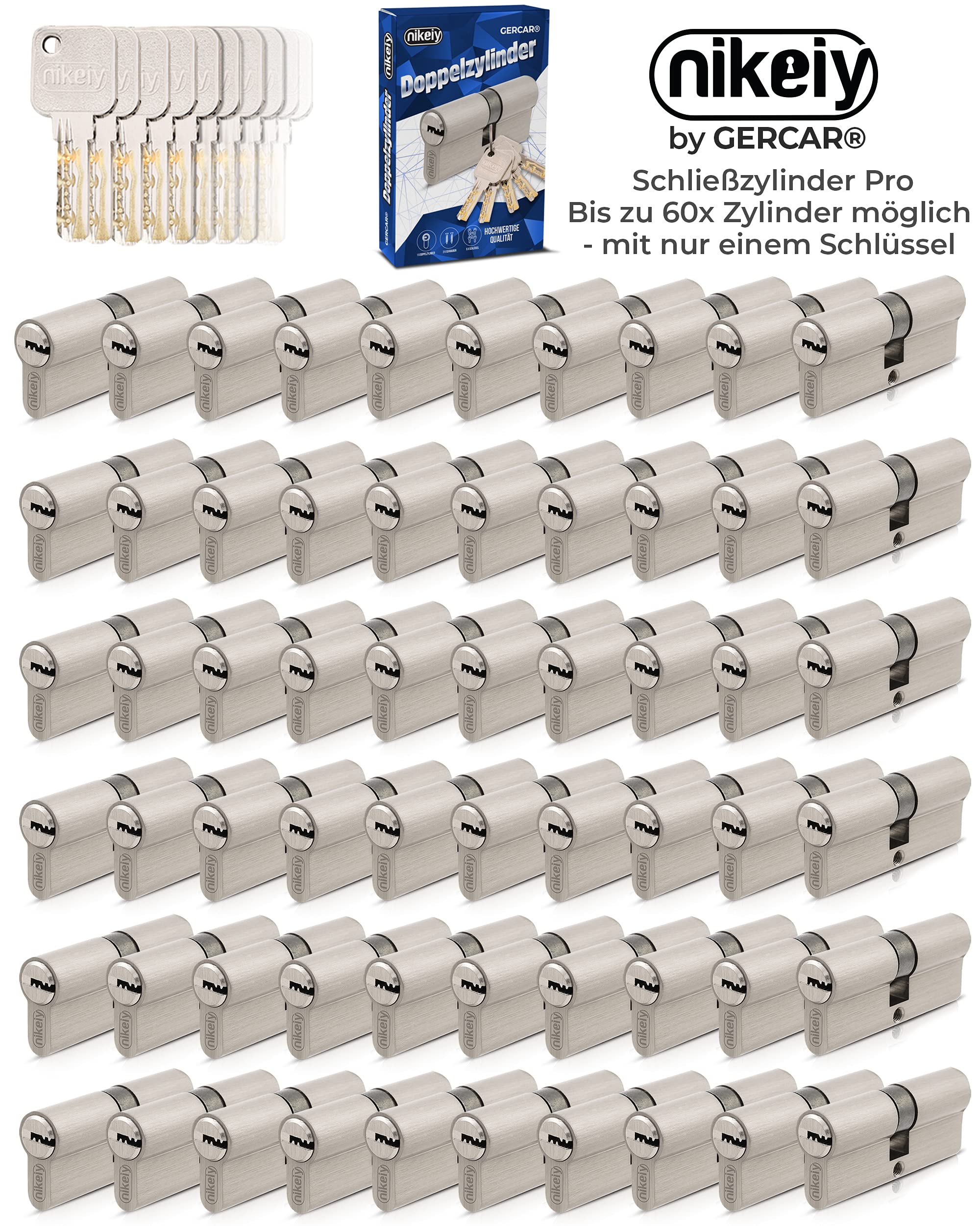 GERCAR Pro 12 cilindros de cierre 30/30 con cierre uniforme, juego de 12 cilindros de perfil con 60 llaves, cerradura de 60 mm, cerradura para puerta de 12 cilindros – Longitud: 60 mm, A: 30 B: 30 –