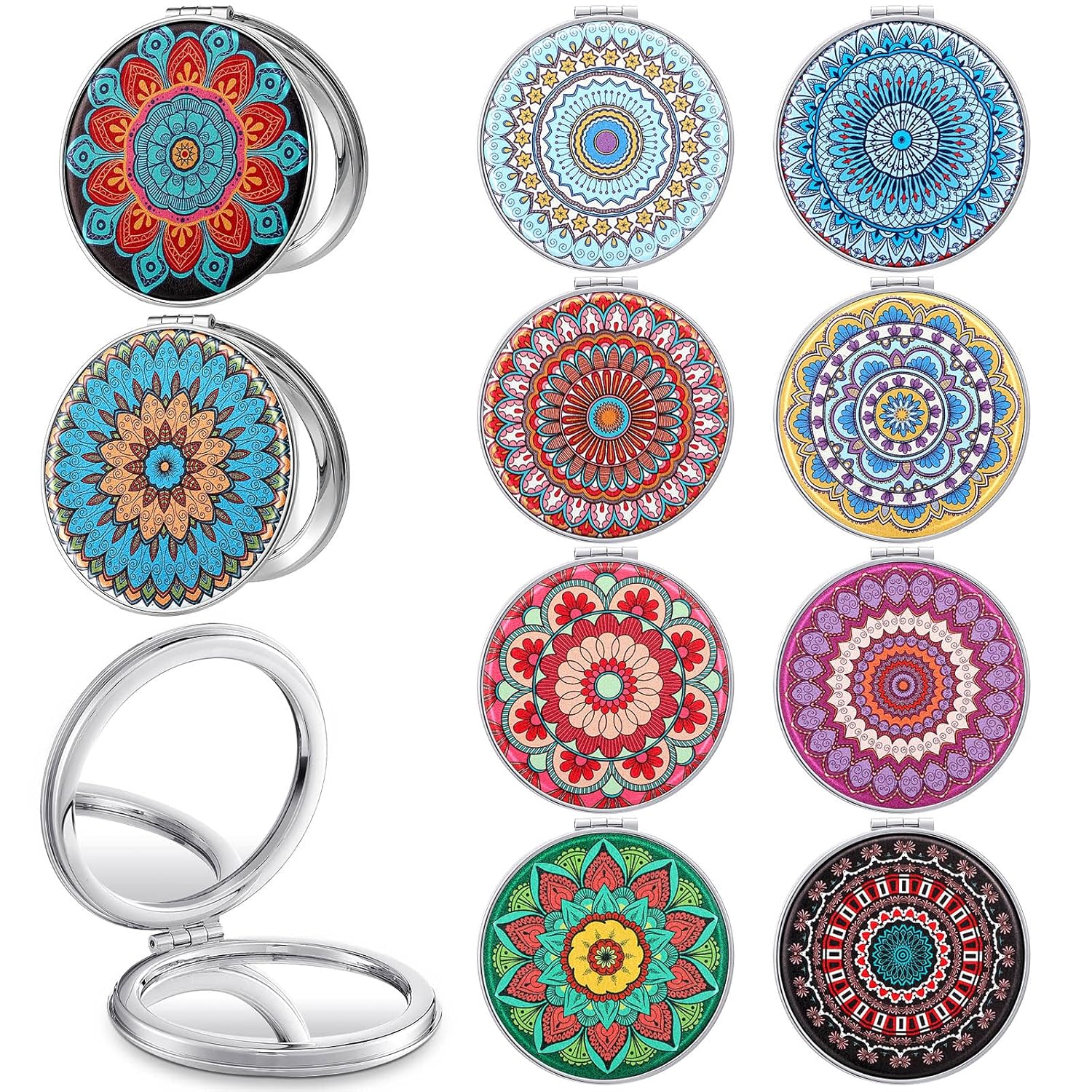 Berlune 10 Pcs Mandala Pocket Mirror Mini Travel Compact Makeup Mirrors Purses Accessories Hand Folding Beauty Mandala Designs Cosmetic Mirror Double-Sided 2 x Magnifying Supply for Girls Women