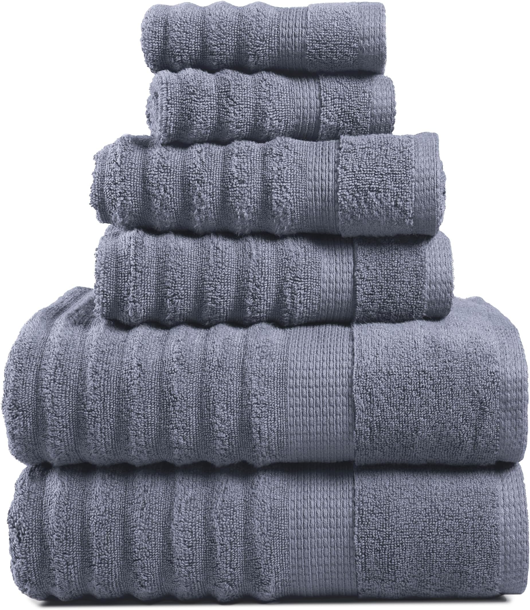 LANE LINENLuxury Ribbed Bath Towels - 100% Cotton Towels for Bathroom, Zero Twist, Textured Shower Towel, Absorbent, Quick Dry, 2 Bath Towels, 2 Hand Towels, 2 Wash Cloths (6 Piece Set) - Cool Grey