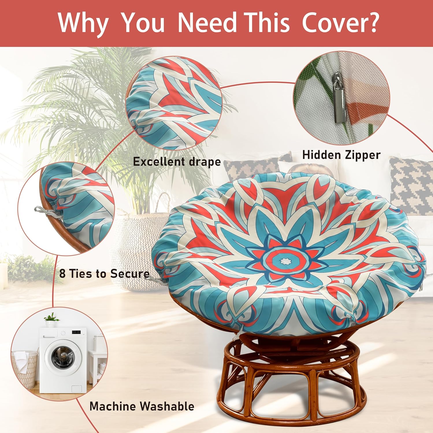 Papasan Cushion Cover Only, Water Resistant Papasan Chair Cushion Cover for Outdoor lndoor,Skin-Friendly Soft Machine Washable Unfading Zippered Cover (Mandalas 1, 50in)