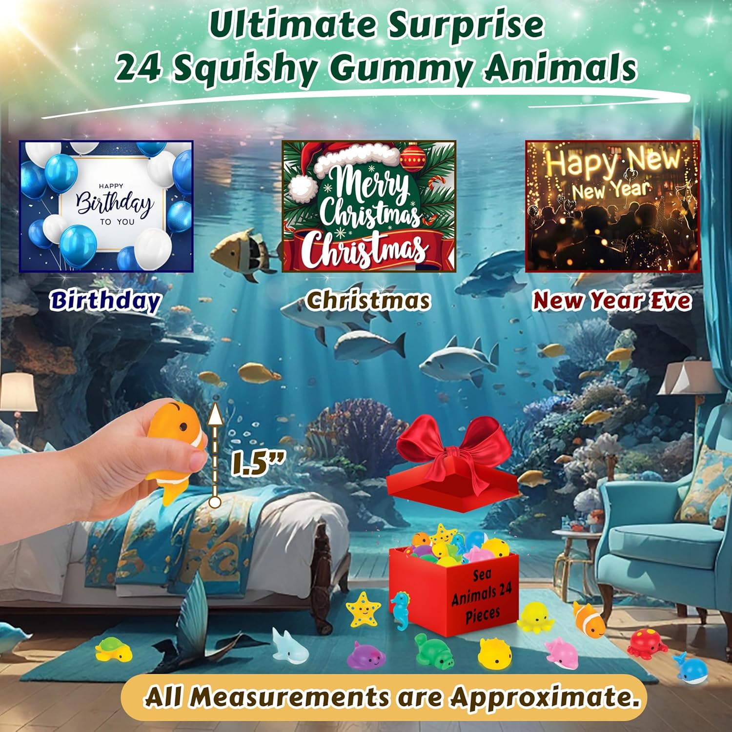 Kids Sea Life Mochi Squishy Animal Toys, Fun Mini Kawaii Squishies for Kids and Adults, Great Party Favors, Stress Relief Toys and Fidget Toy, Super Soft (Sea Animals 24 Pieces)