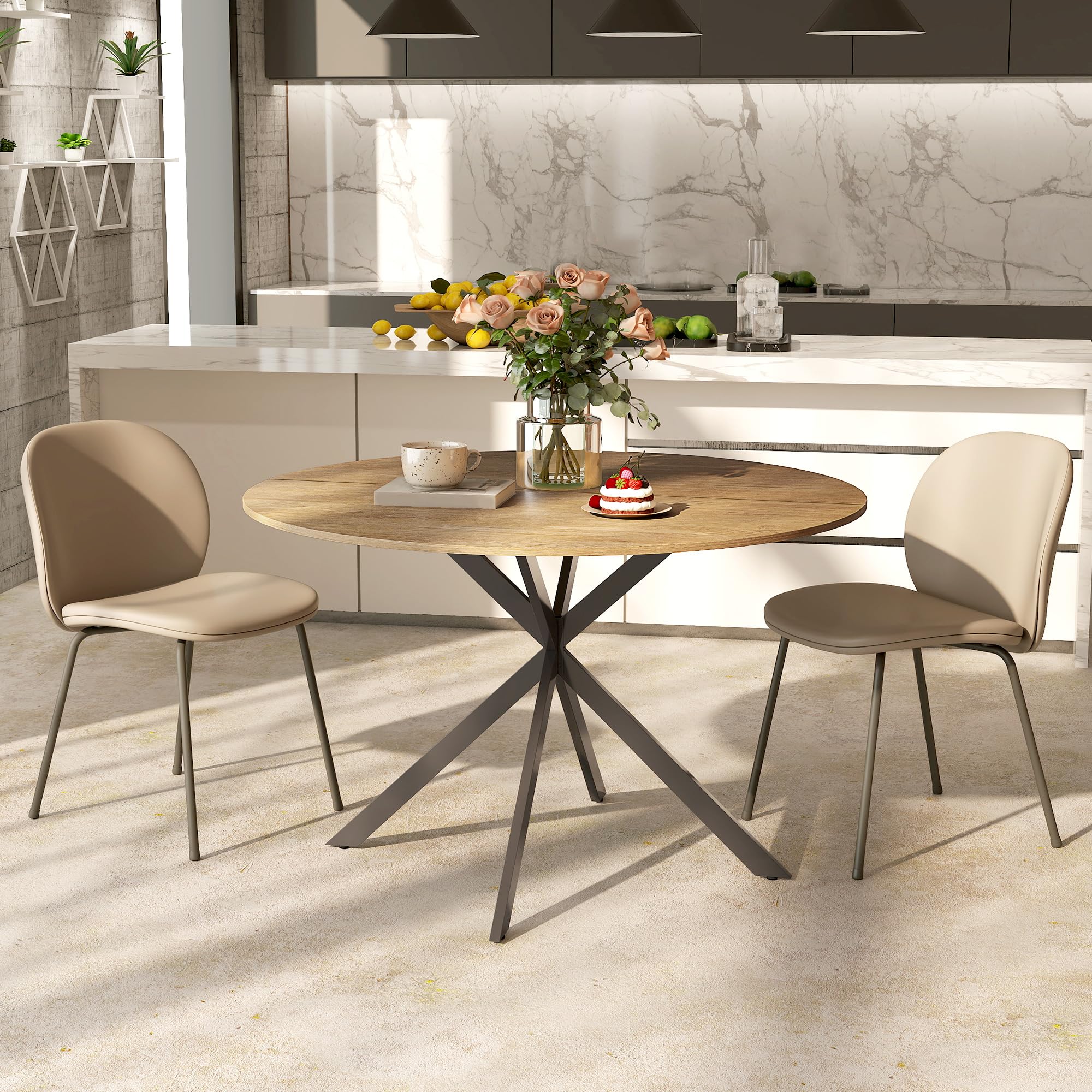 HOMCOM Table à Manger Ronde pour 4 Personnes Table de Cuisine 120 cm Style Industriel avec Plateau Aspect Bois et piètement croisé en Acier, chêne