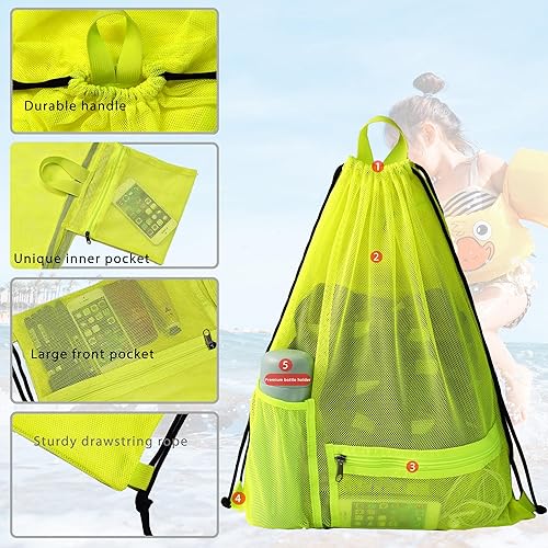 Miniatura 3 de Bolsa de malla con cordón resistente, mochila de gimnasio con soporte para botellas para bolas, natación, juguetes de playa, Amarillo claro, Deportes