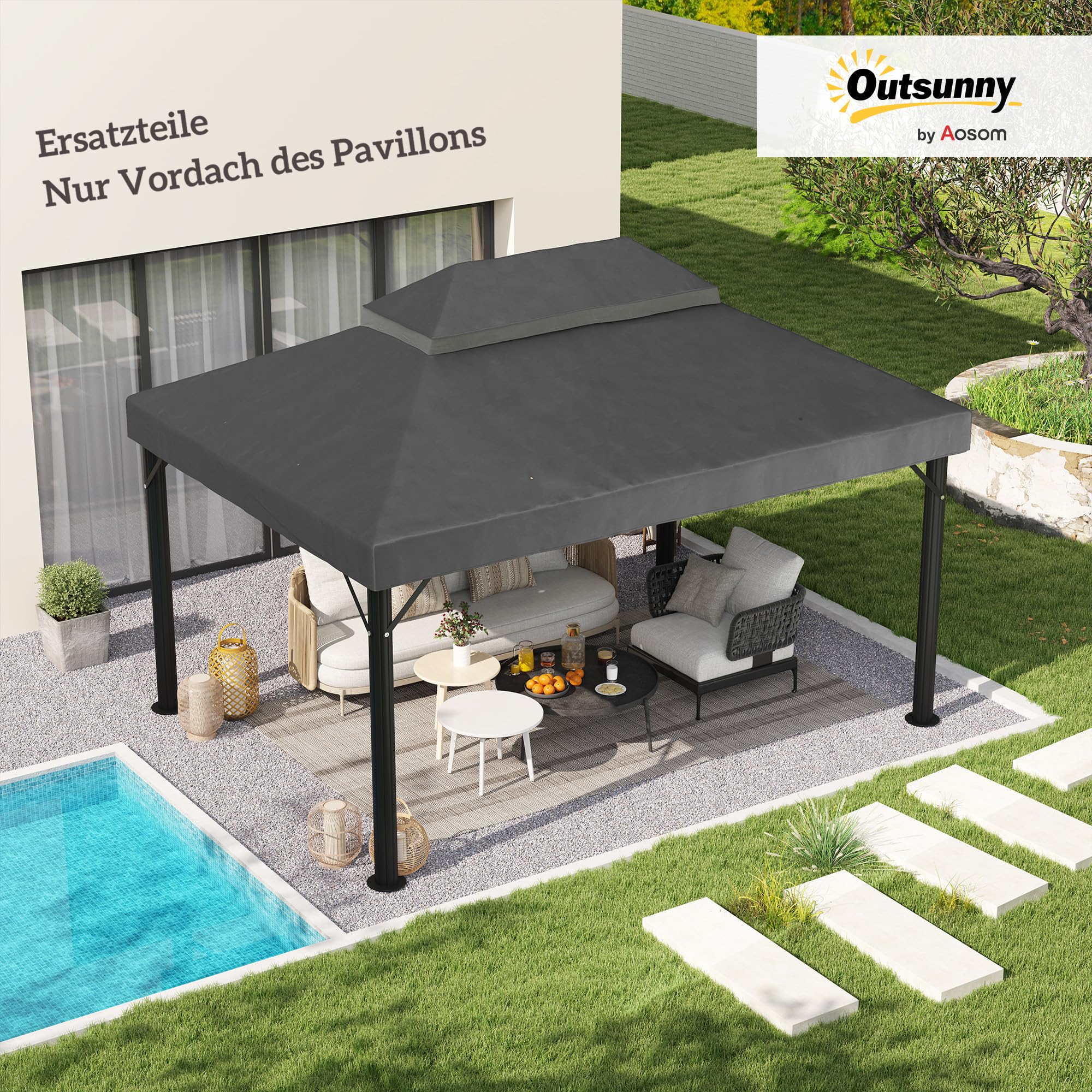 Outsunny Dach zapasowy do pawilonu 3 x 4 m, wodoszczelny, 370 g/m², ciemnoszary | Dach pawilonu z powłoką PCW, podwójny dach, zapasowy pokrowiec do pawilonu ogrodowego, części zamienne z tkaniny Oxford