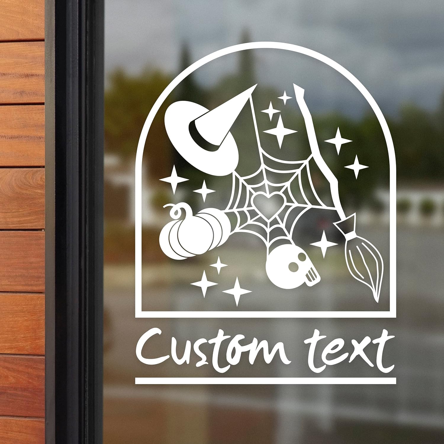 Witch Hat and Broomstick, Pumpkin and Halloween Attributes with Custom Text for Car Window - Halloween Car Window Stickers with Custom Design of Spooky Elements 46x35 inches inches