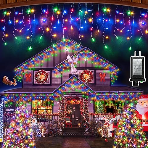 132 luces LED de Navidad para exteriores, 8 modos de iluminación con temporizador, cortina de memoria con 141 gotas, luz impermeable para el hogar,