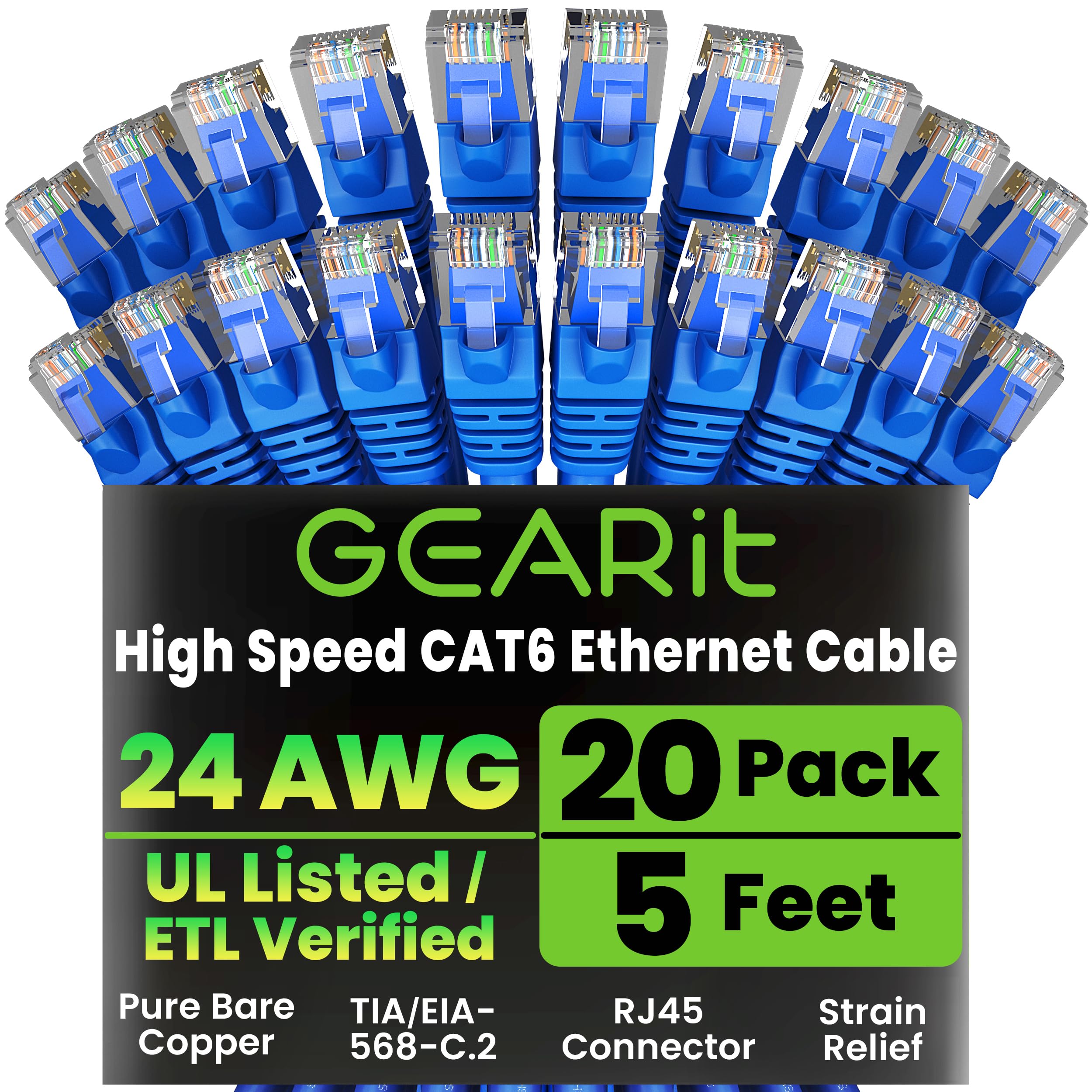 GEARit Cat 6 Ethernet Cable Pack - 20-Pack 5 ft Cat6 Ethernet Patch Cables | RJ45 Network Patch Cable, 10 Gbps Snagless Gold-Plated Connectors -