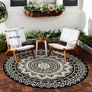 Outdoor Teppich Rund Wetterfest Wendbarer Außenteppich Kunststoff Bodenmatte Terrassenteppich Picknickdecke UV-beständige Teppich für RV Camping BBQ Patio Deck Balkon Strand, 150cm Schwarz/Braun