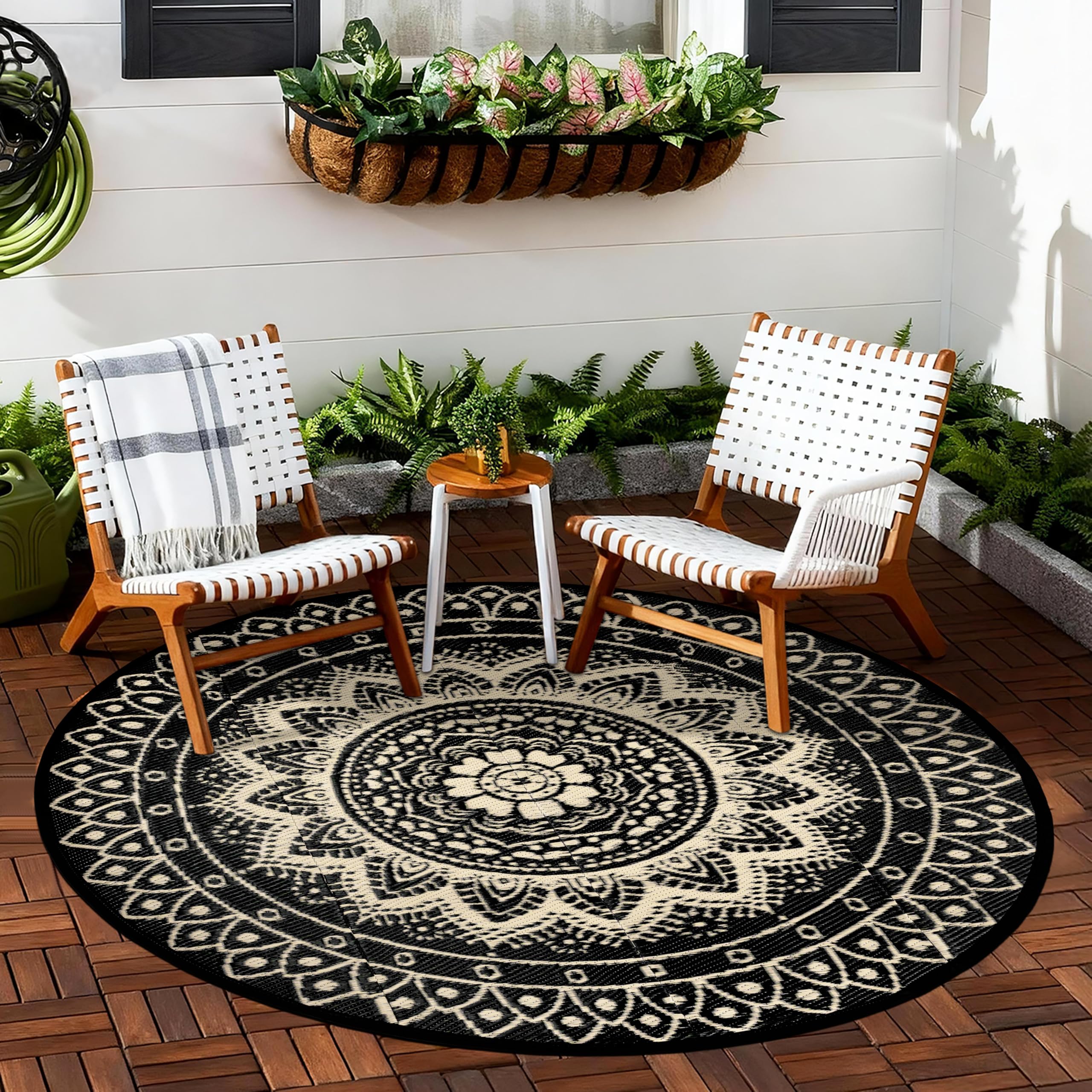 Tapis d'extérieur Rond pour terrasse 150cm réversible imperméable et Pliable bohème pour Camping-carTapis de Pique-Nique et de Camping pour RV, Balcon, Plage, terrasse, Noir/Marron