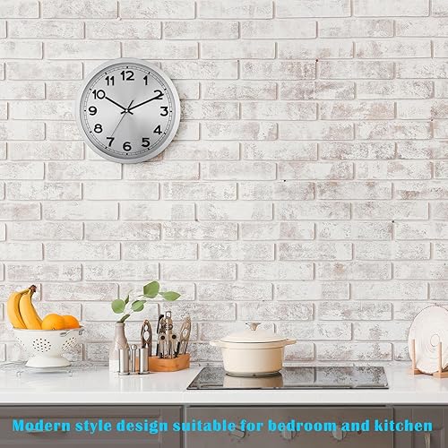 Miniatura 5 de Plumeet Reloj de pared pequeño, 10 pulgadas, funciona con pilas, con marco de aluminio plateado, reloj de pared de metal silencioso que no hace