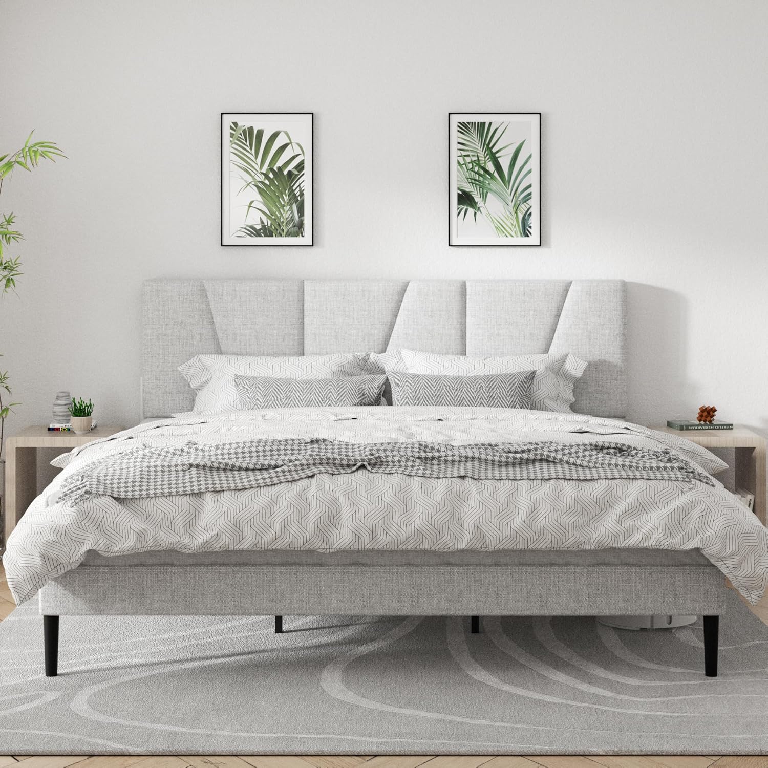 King Size Platform Bed Frame with Geometric Upholstered Headboard, Noise Free, Wooden Slats Support, No Box Spring Needed, Easy Assembly, Light Grey, Linen