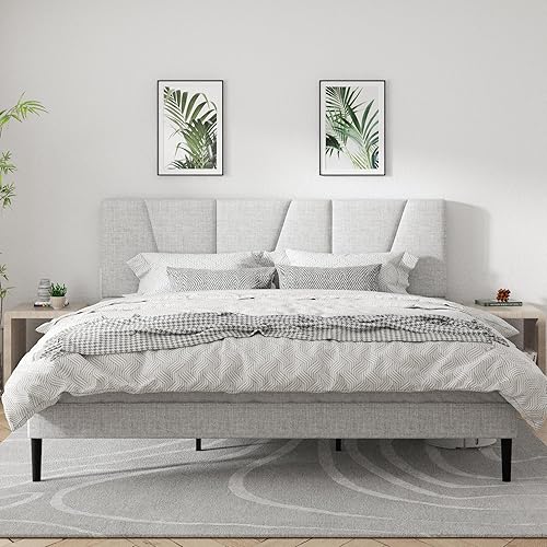 Base de cama de plataforma tamaño King con cabecera tapizada geométrica, sin ruido, soporte de listones de madera, no necesita somier, fácil Gris